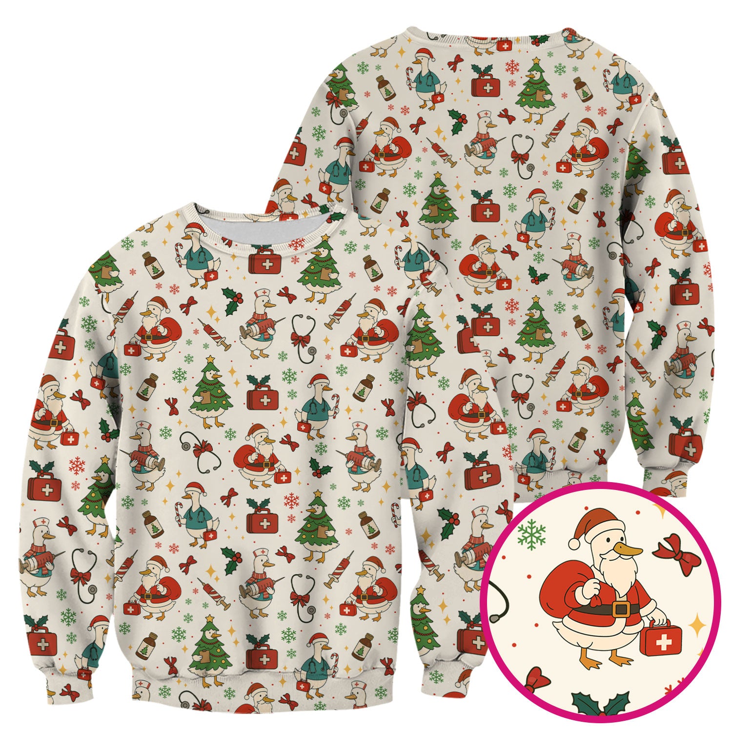 Funny Christmas Duck Nurse Scrub Top - Cute Santa Pattern Holiday Shirt for Women - Festive Nursing Outfit Gift for RN LPN CNA