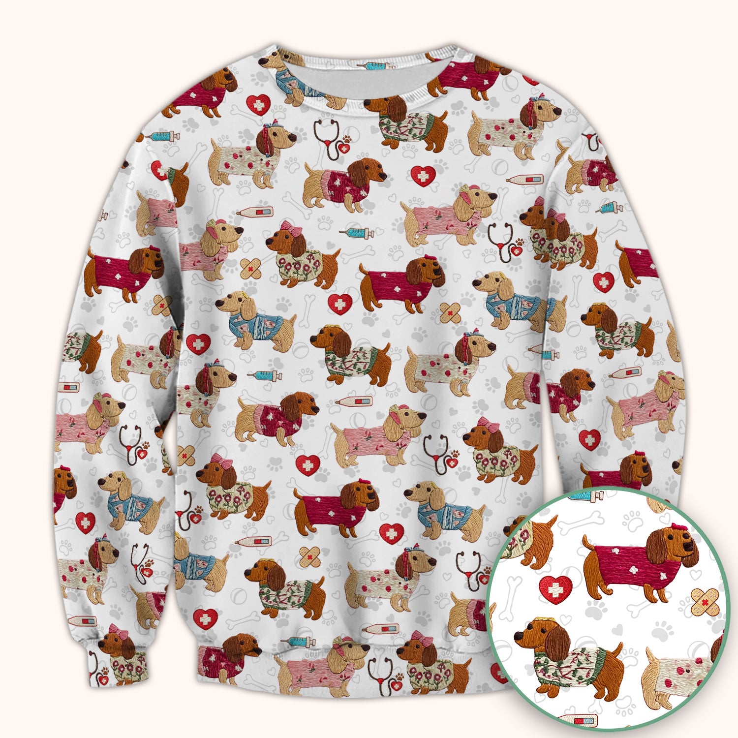 Cute Medical Wiener Dog Pattern Nurse Shirt, Dachshund Nursing Scrub Top, Breathable Fabrics Nursing Uniform