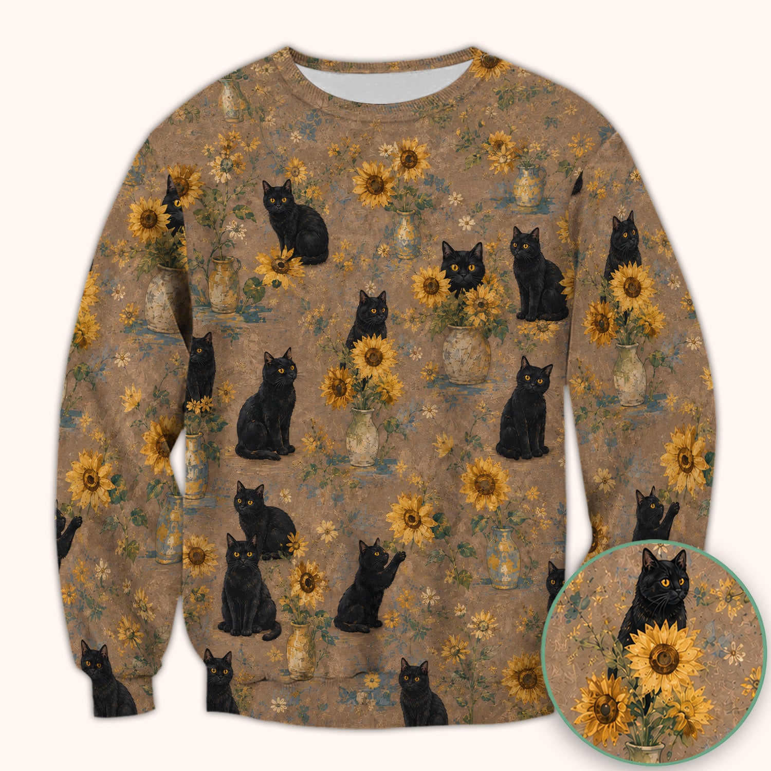 Rustic Sunflower Black Cat Print Scrub Top, Comfortable Scrubs for Nurses