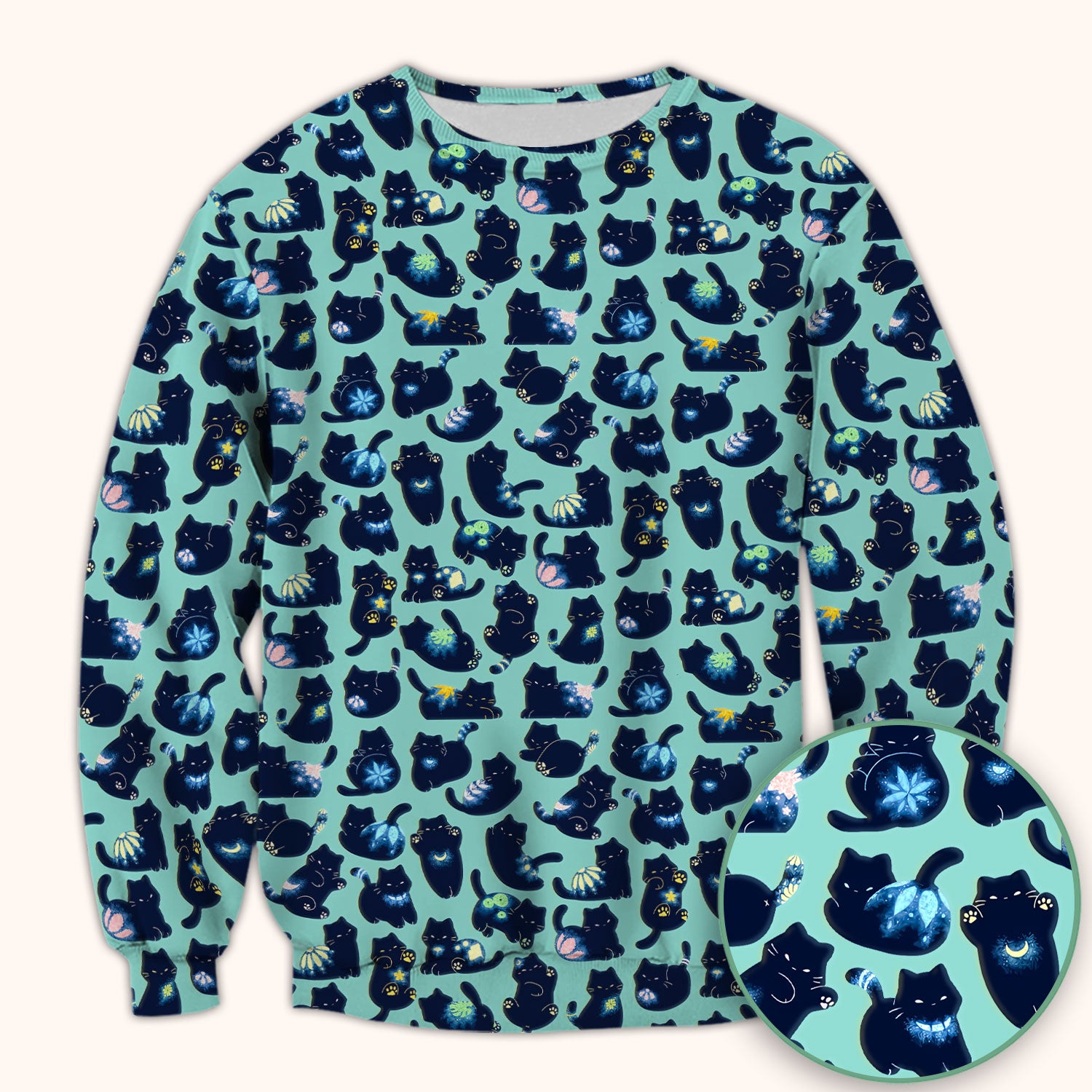 Midnight Cat Scrub Top, Black Cat Pattern Nurse Shirt, Breathable Fabrics Nursing Uniform