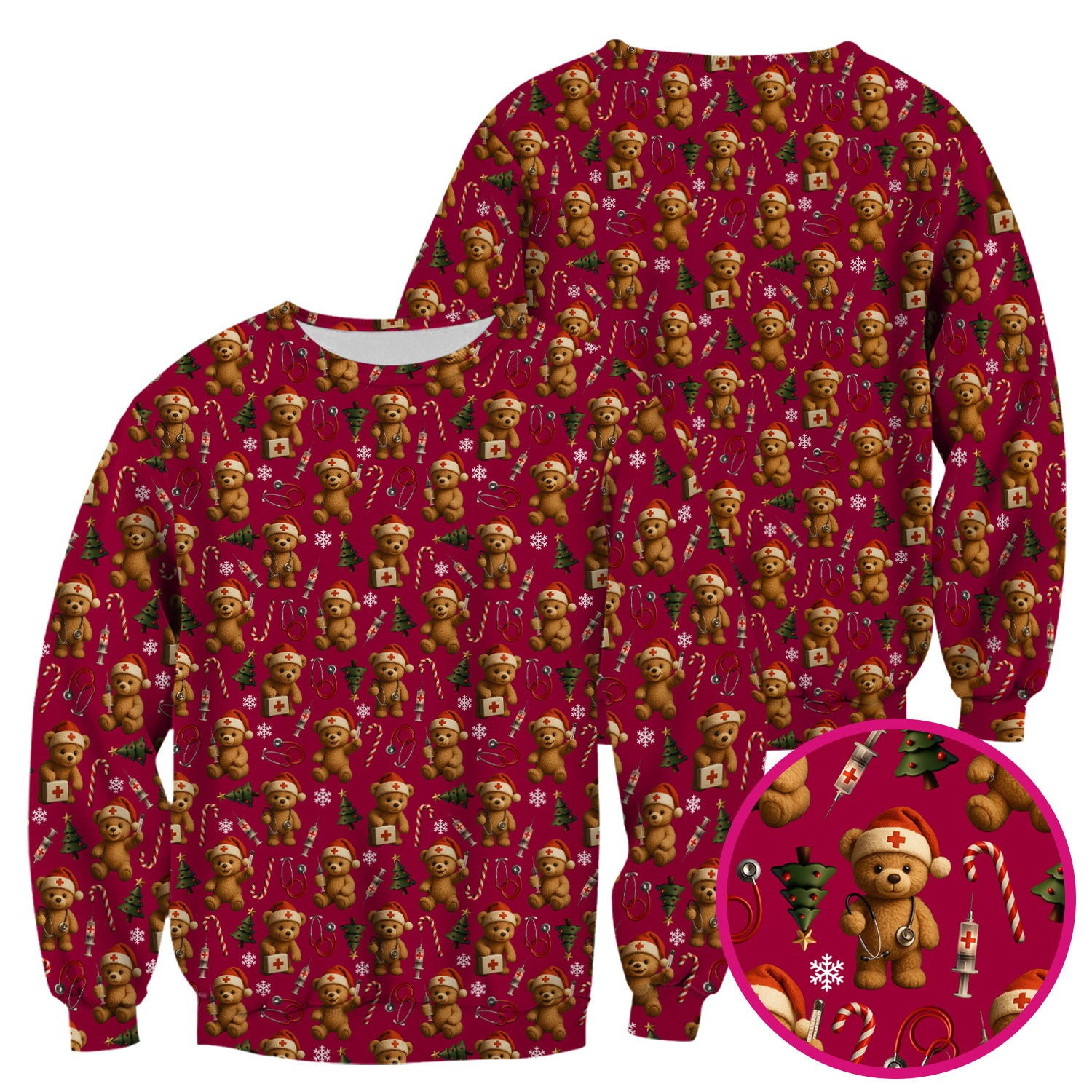 Teddy Bear Christmas Scrubs for Women - Cute Nurse Bear Pattern Medical Scrub Top - Holiday Christmas Scrubs with Fun Festive Design