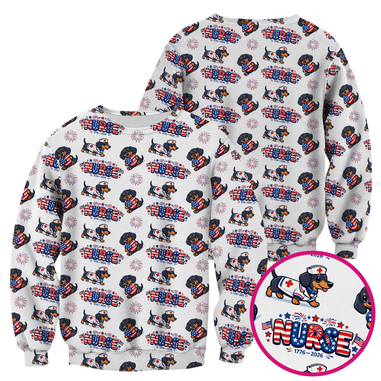 Proud Nurse Patriotic Dachshund Medical Firework Pattern Scrub Top, Comfortable Scrubs for Nurses