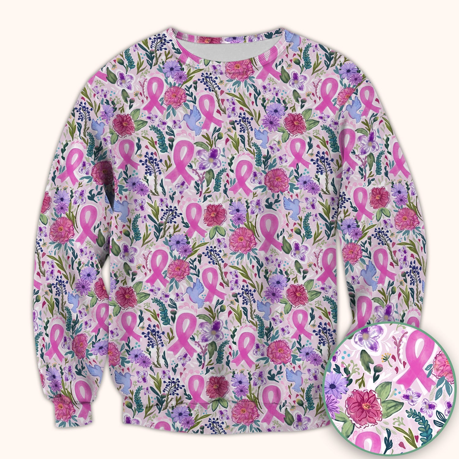Floral Pink Ribbon Print Scrub Top, Comfortable Scrubs for Nurses