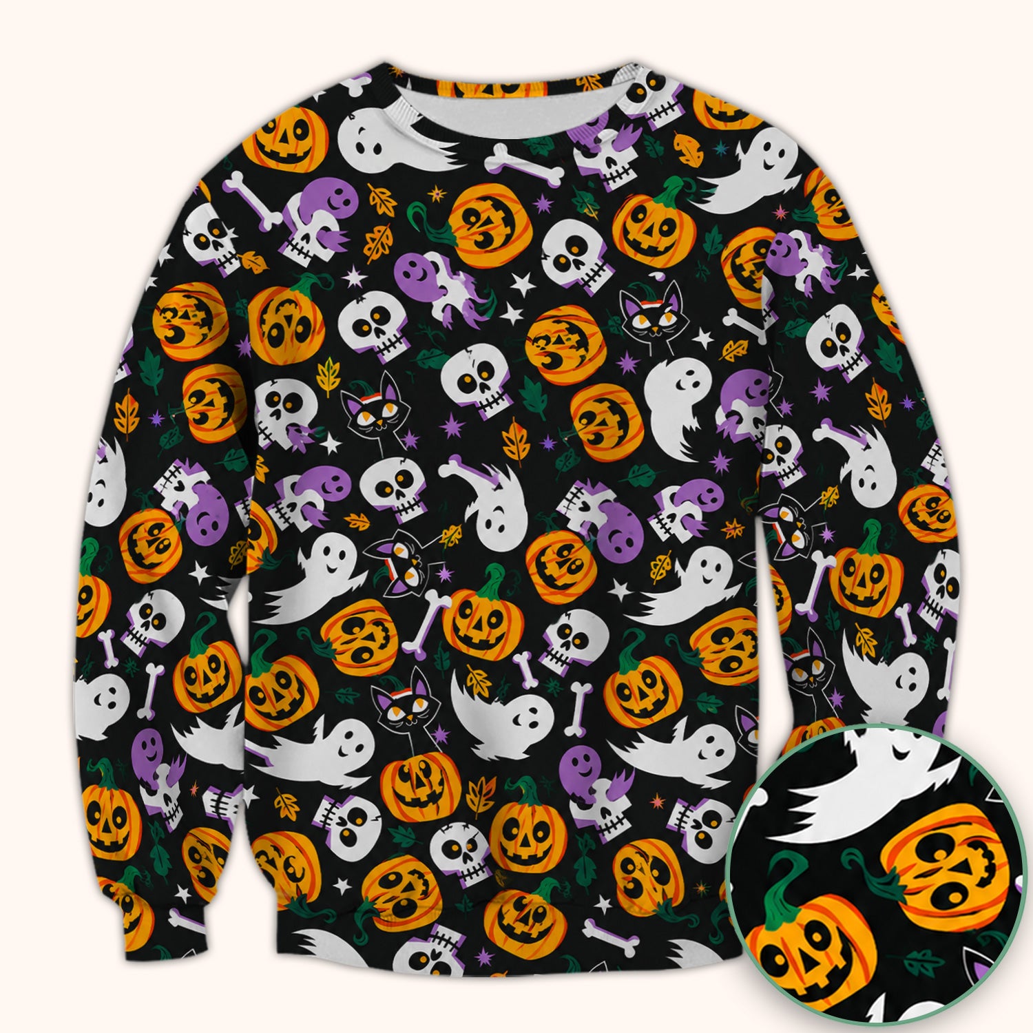 Spooky Pumpkin Ghost Print Scrub Top, Comfortable Scrubs for Nurses