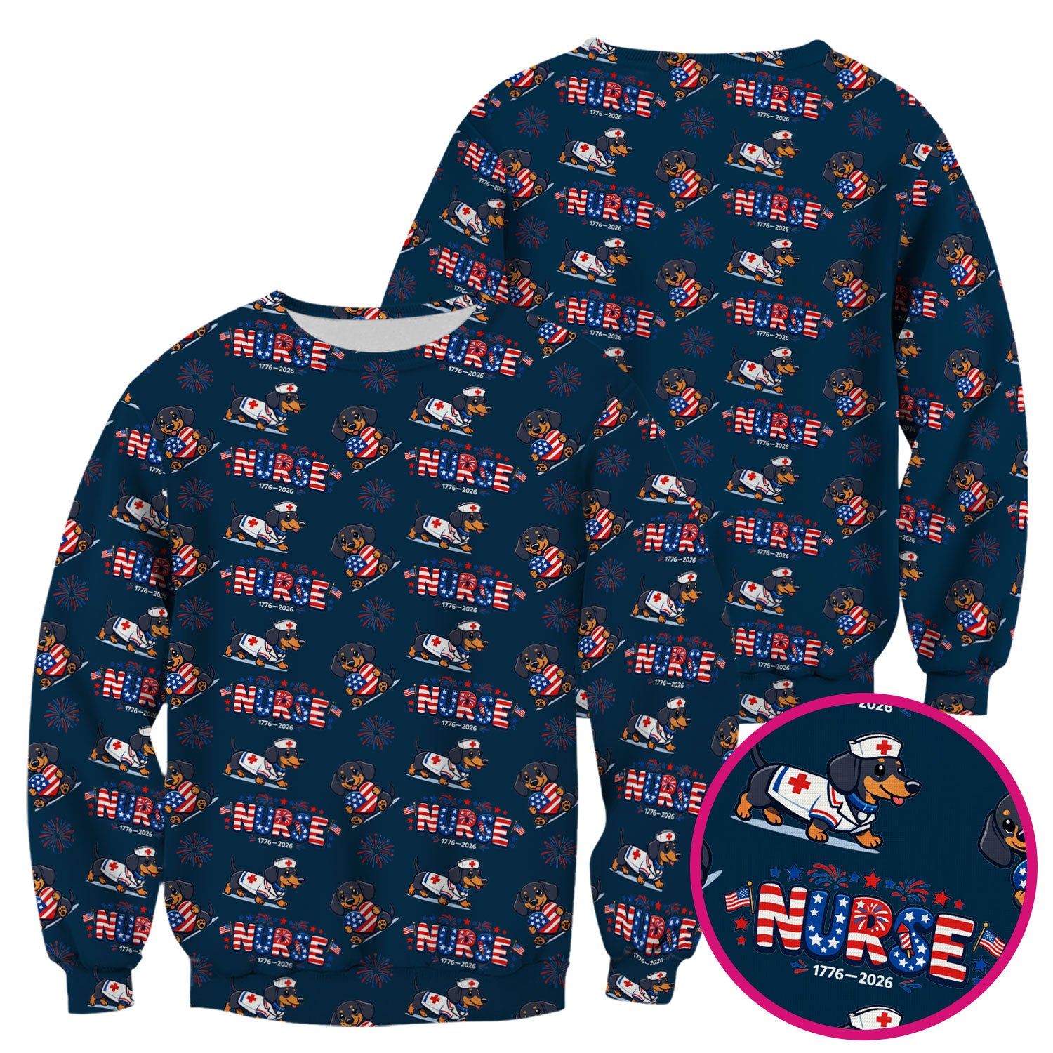 Proud Nurse Patriotic Dachshund Medical Firework Pattern Scrub Top, Comfortable Scrubs for Nurses