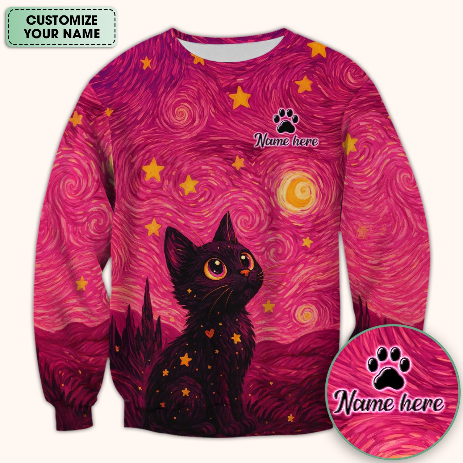 Personalized Black Cat Galaxy Star Swirl Pattern Scrub Top, Comfortable Scrubs for Nurses