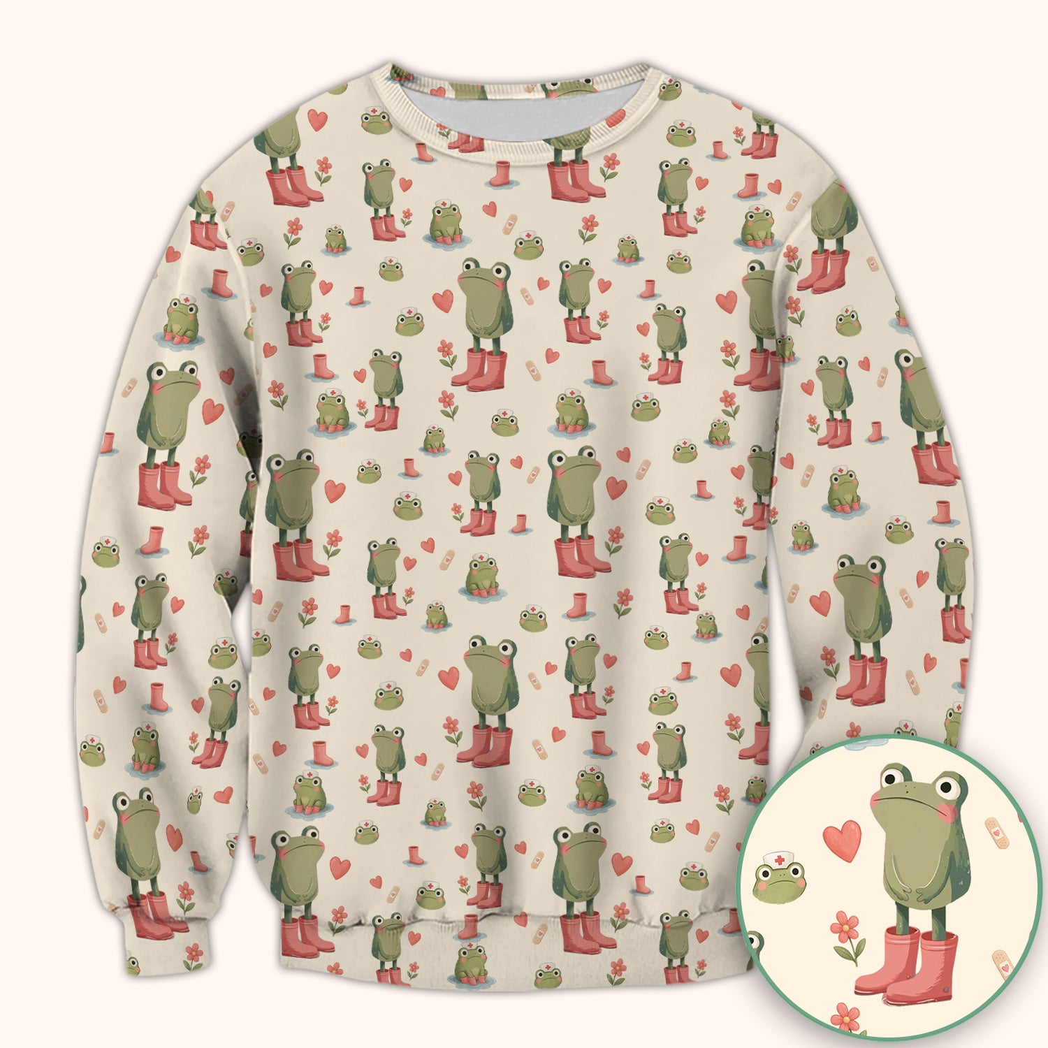 Adorable Frog Boots Heart Pattern Scrub Top, Comfortable Scrubs for Nurses