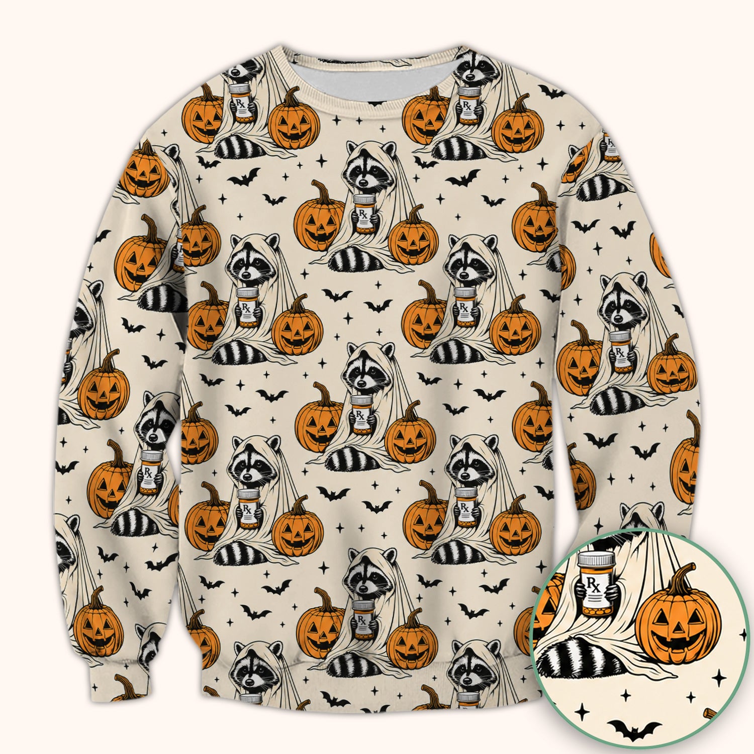 Halloween Raccoon with Pumpkin Bat Print Scrub Top, Comfortable Scrubs for Nurses