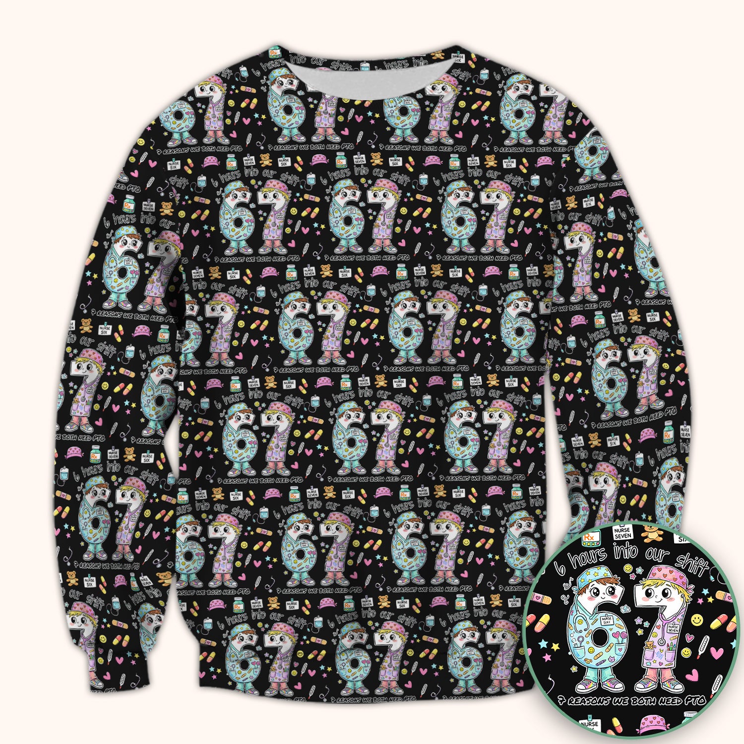 Cartoon Characters Six Hours Into Shift With Medical Doodle Scrub Top, Breathable Fabrics Nursing Uniform