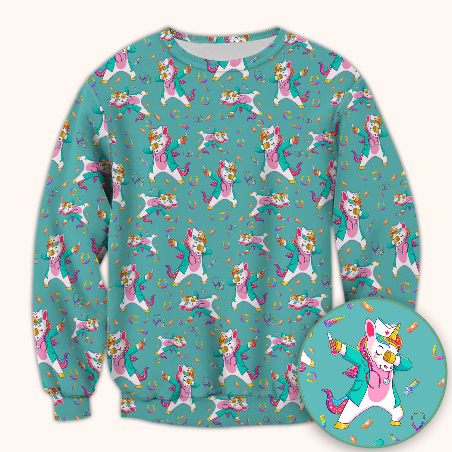 Cute Unicorn Nurse Dance Pattern Scrub Top, Breathable Fabrics Nursing Uniform