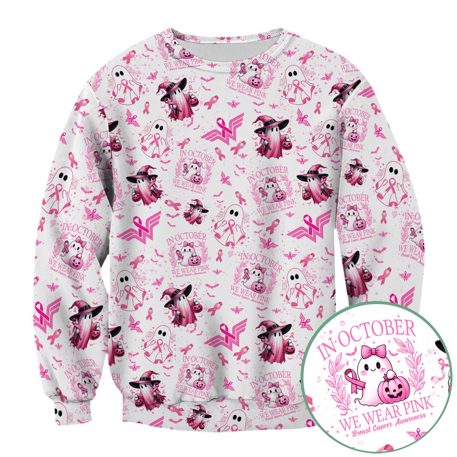 Pink Halloween Scrub Top for Nurses - In October We Wear Pink Breast Cancer Awareness Shirt - Cute Ghost Witch Gift for RN CNA LPN