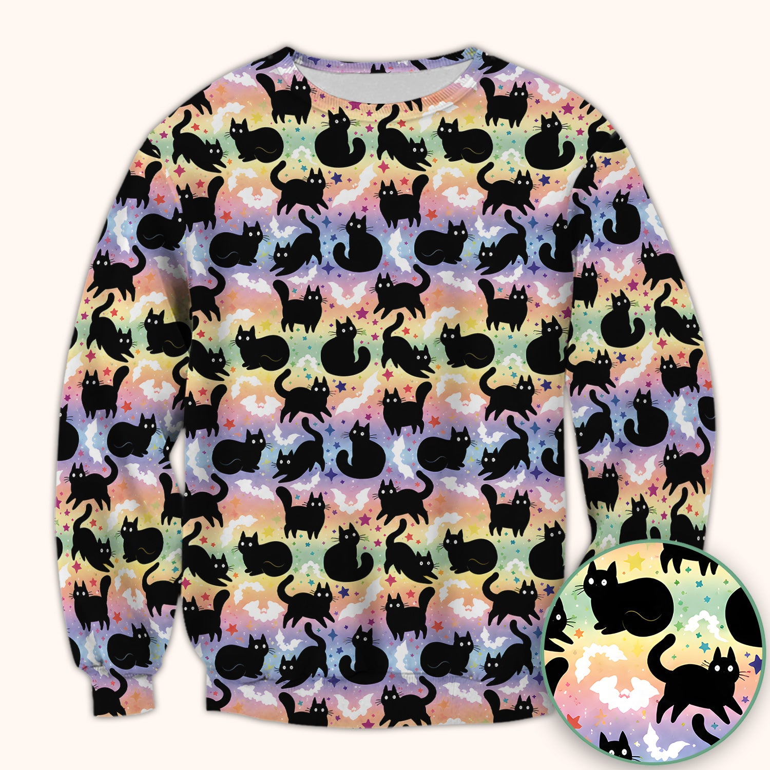 Pastel Star Black Cat Pattern Scrub Top for RN, CNA, Cat Lover Uniform