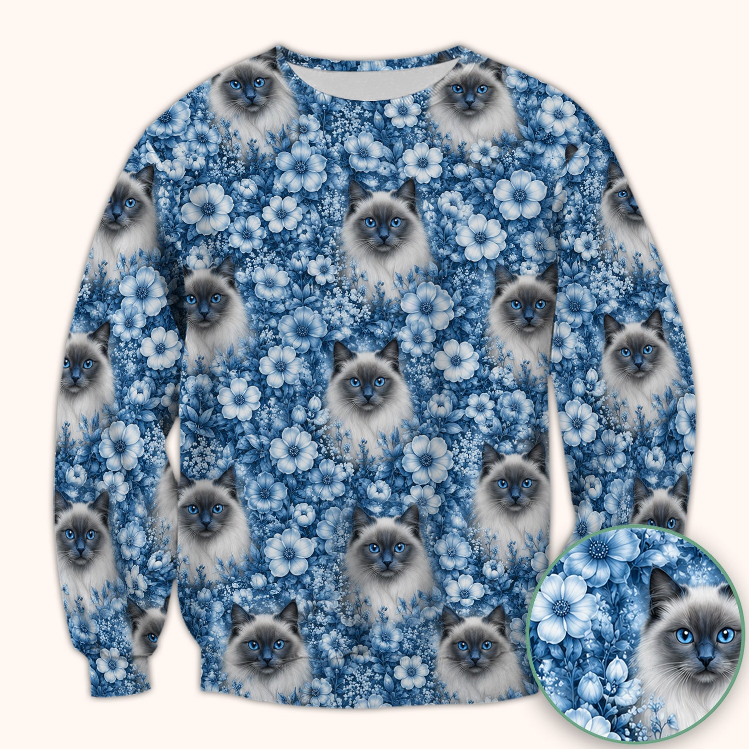 Blue Floral Ragdoll Cat Pattern Scrub Top, Comfortable Scrubs for Nurses