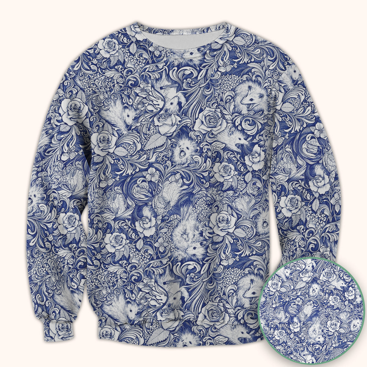 Blue Floral Opossum and Roses Scrub Top, Comfortable Scrubs for Nurses