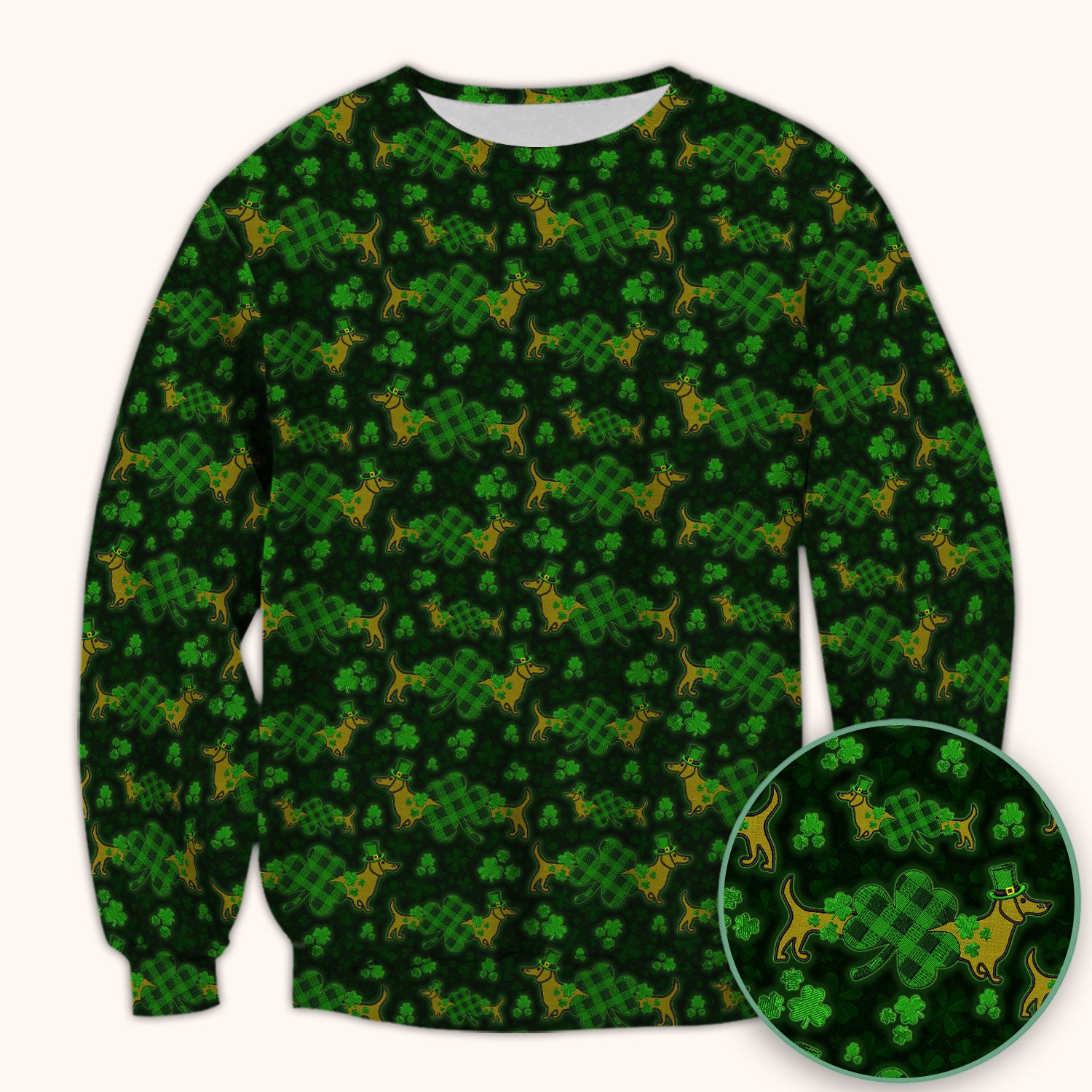 St. Patrick’s Day Dachshund Dog Pattern Scrub Top, Lucky Shamrock Puppy Nurse Scrub Shirt, Green Irish Nursing Uniform