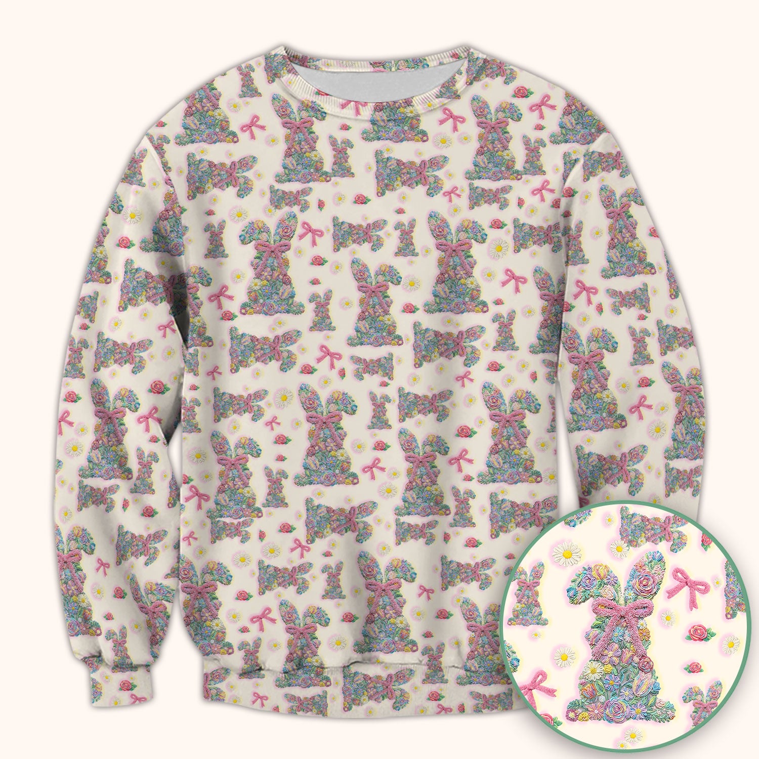 Colorful Floral Bunny with Pink Bow Pattern Scrub Top, Breathable Fabrics Nursing Uniform, Easter
