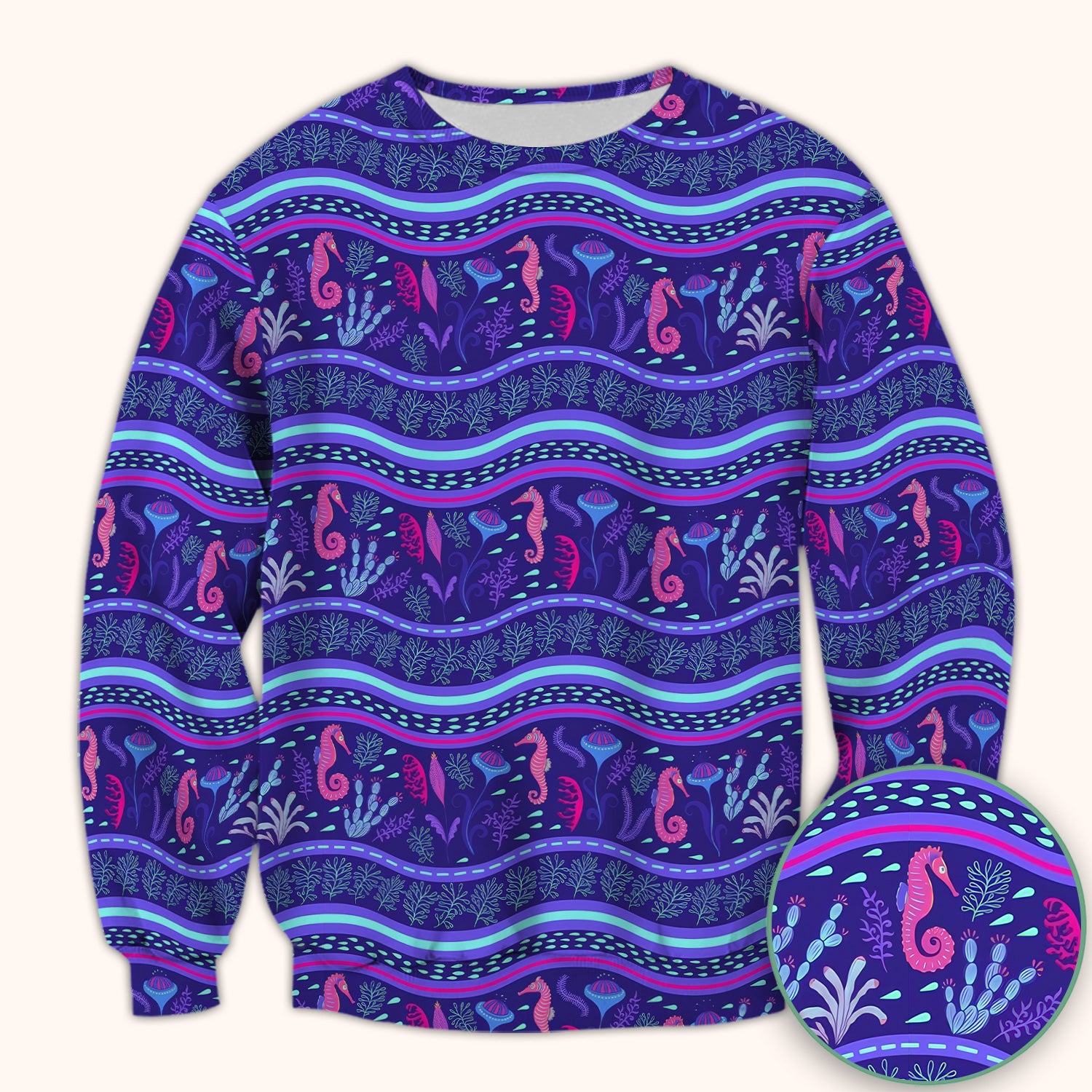 Purple Seahorse Ocean Pattern Scrub Top, Comfortable Scrubs for Nurses