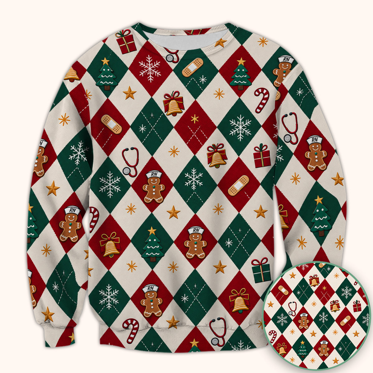 Christmas Gingerbread Nurse Argyle Scrub Top, Comfortable Scrubs for Nurses