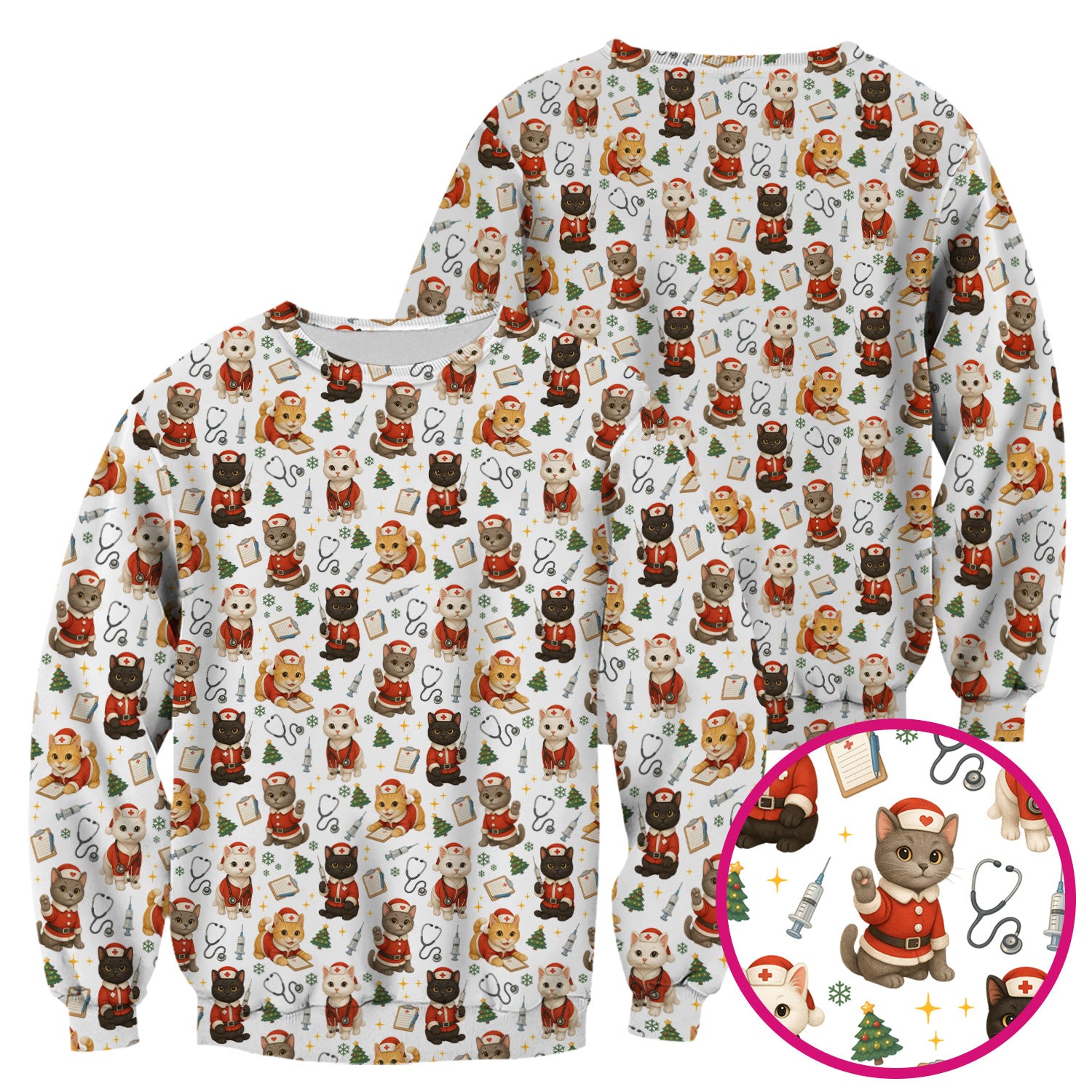 Funny Nurse Scrub Top for Women - Christmas Lucky Cat Design - Cute Holiday Nursing Shirt Gift for RN LPN CNA