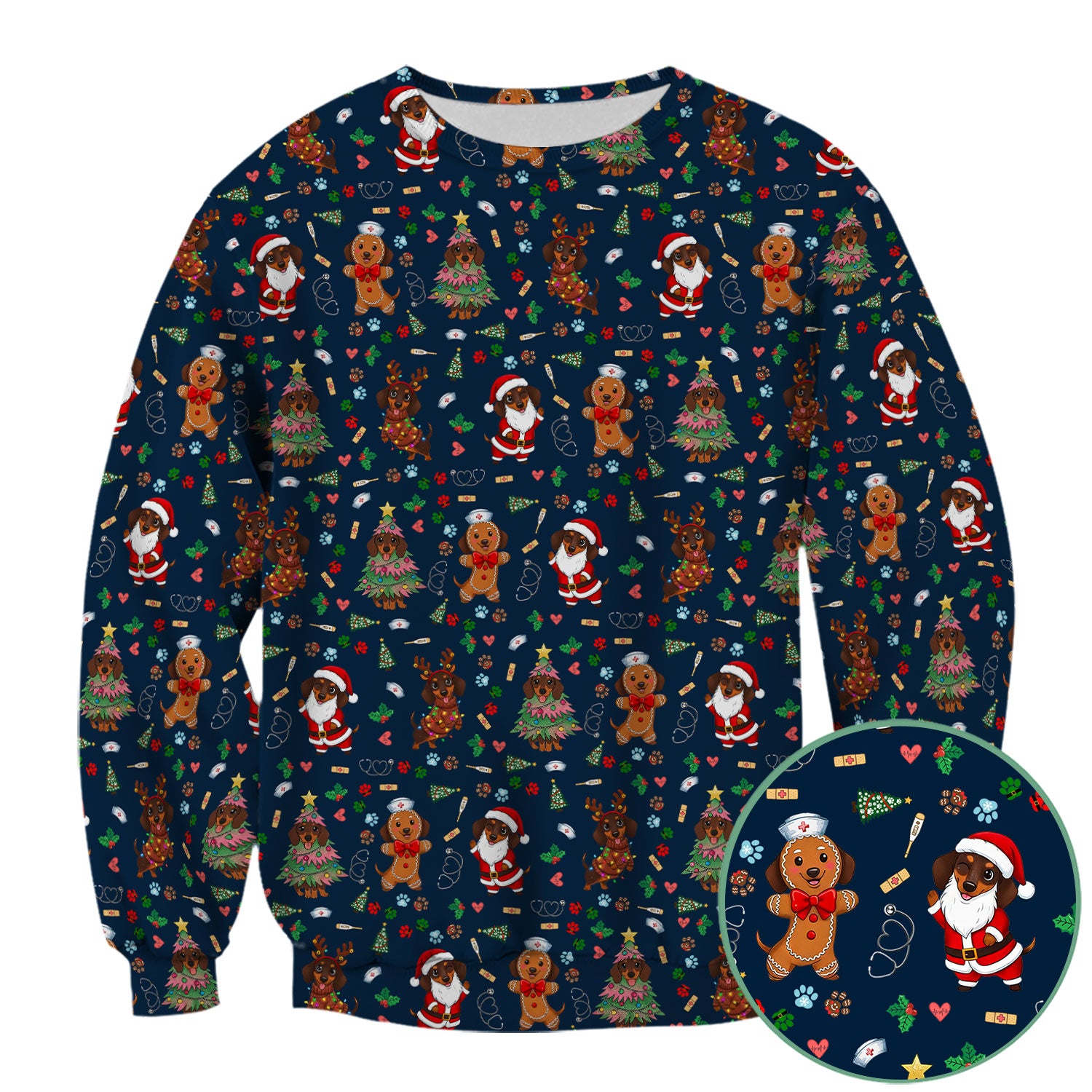Wiener Dog Christmas Scrub Top – Funny Dachshund Pattern Medical Shirt – Festive Holiday Uniform for RN, LPN, CNA, and Vet Techs