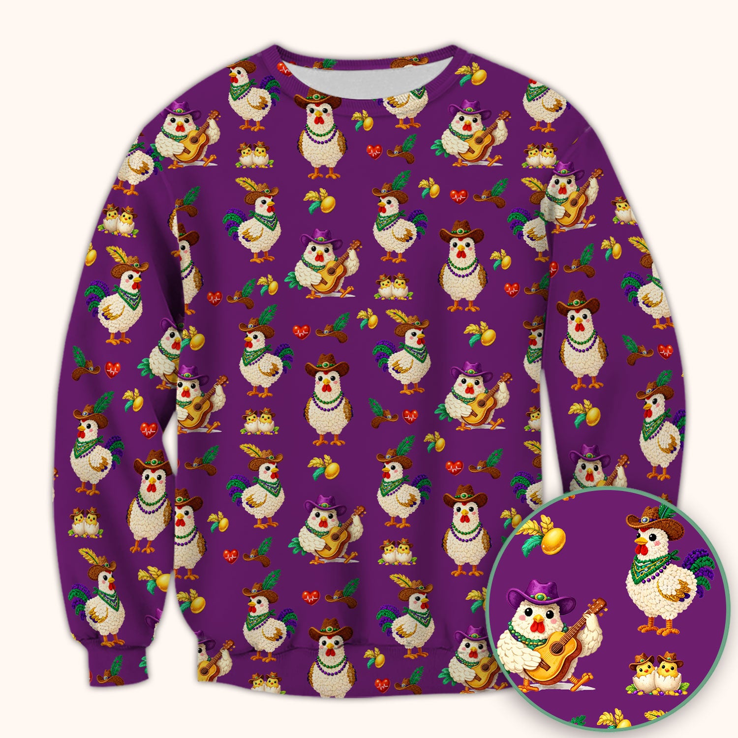 Funny Mardi Gras Rooster Cowboy Print Scrub Top, Comfortable Scrubs for Nurses