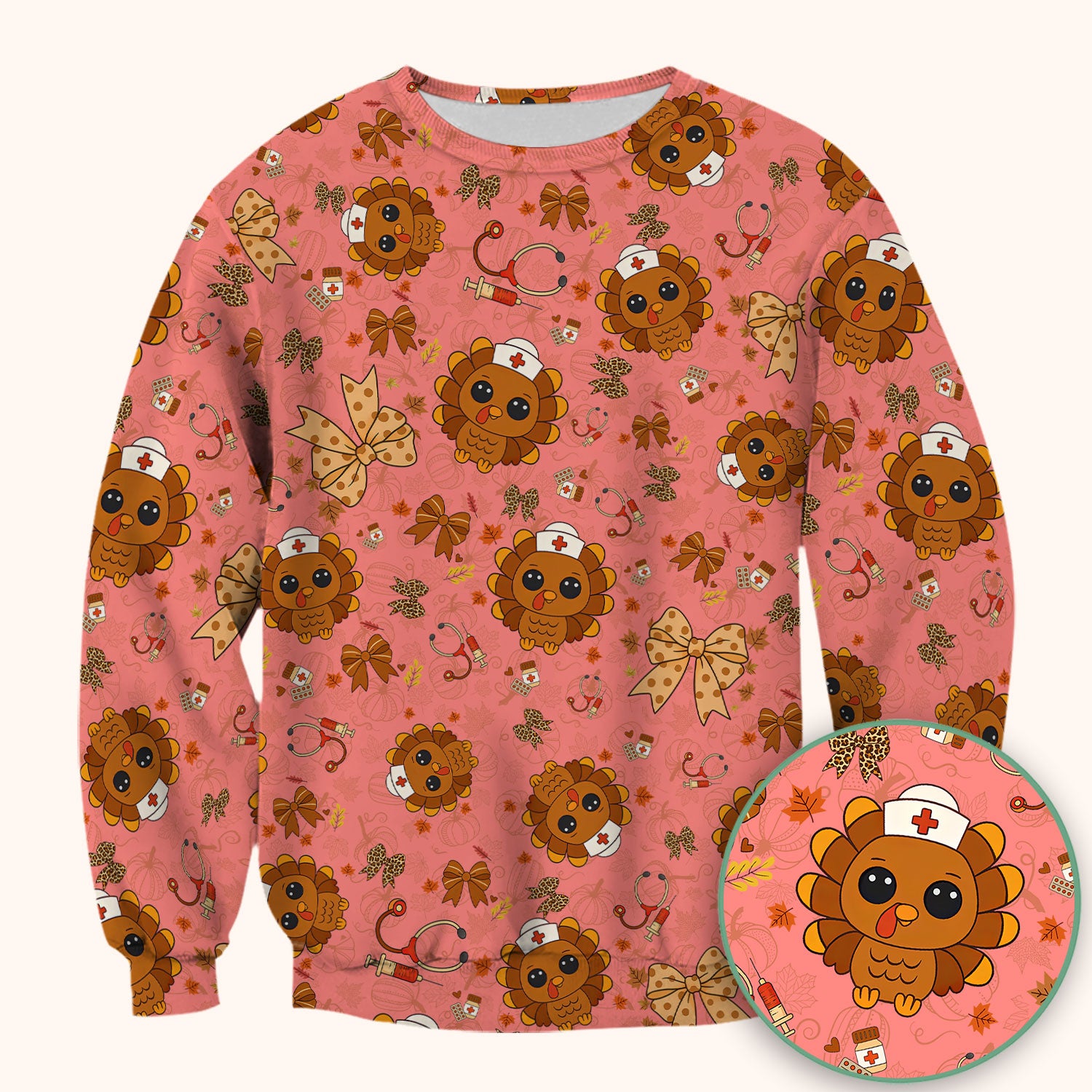 Thanksgiving Turkey Nurse Scrub Top for Women - Cute Fall Leaves and Bow Shirt - Autumn Medical Shirt Gift for RN CNA LPN Doctor