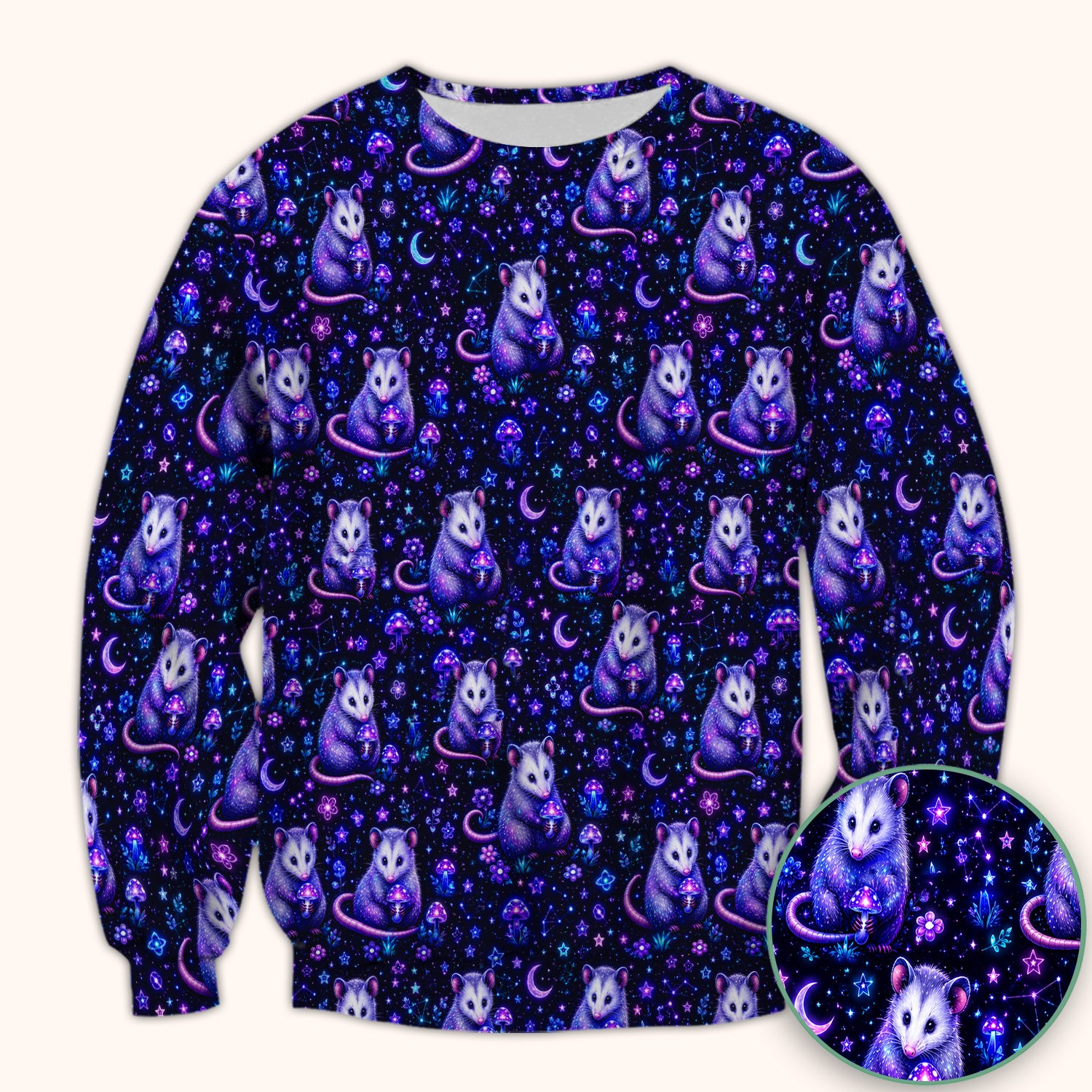 Neon Opossum Mushroom Galaxy Pattern Scrub Top, Comfortable Scrubs for Nurses