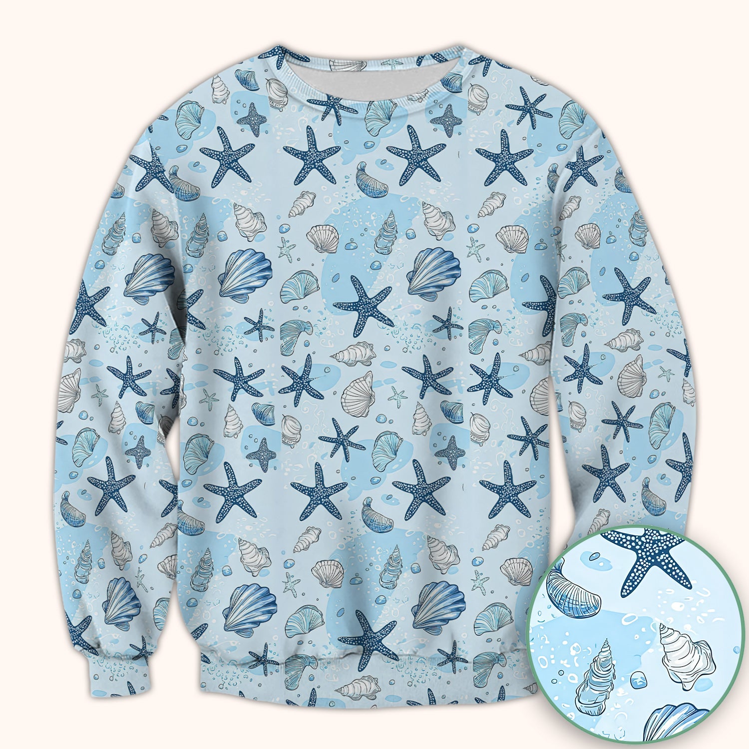 Ocean Shell And Starfish Print Scrub Top, Breathable Fabrics Nursing Uniform