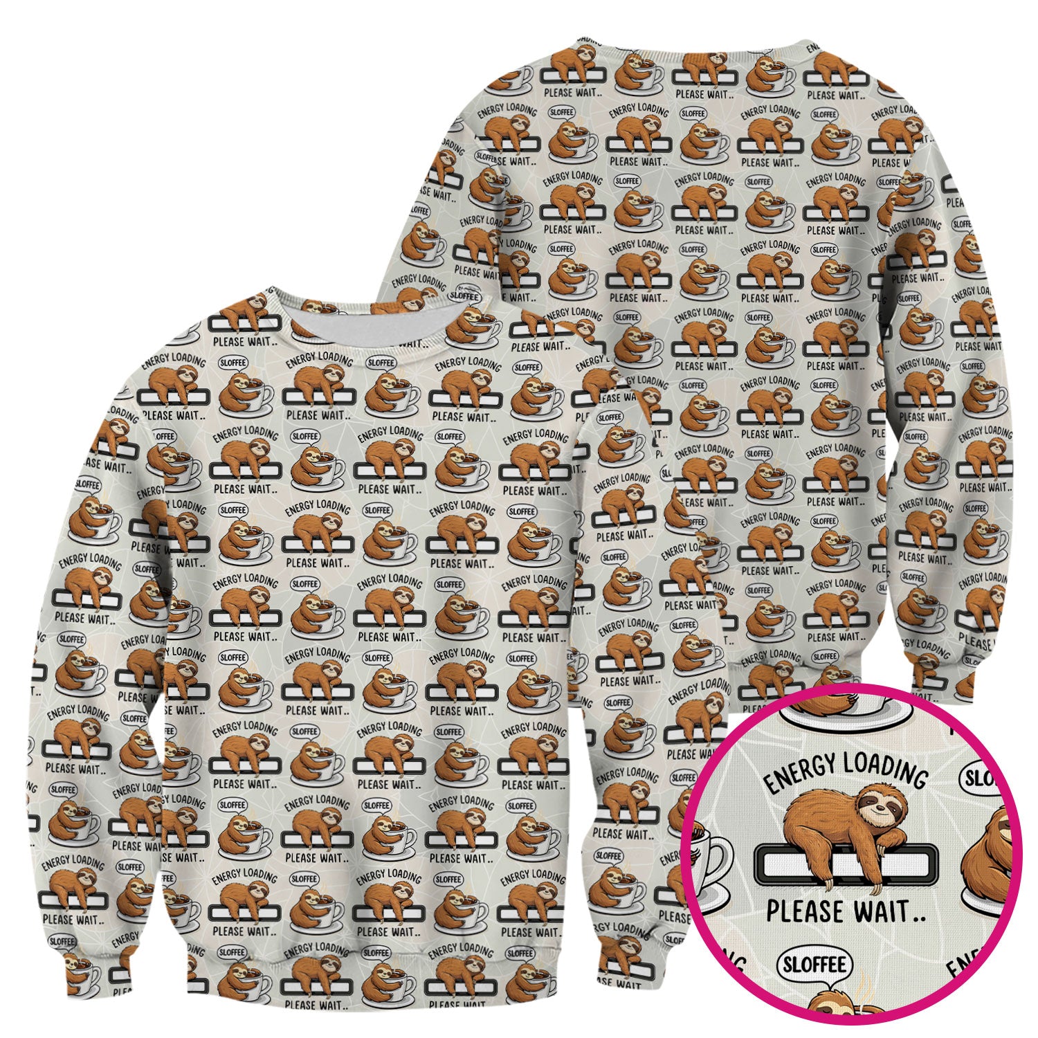 Funny Sloth Coffee Energy Loading Pattern Scrubs Top, Breathable Fabrics Nursing Uniform