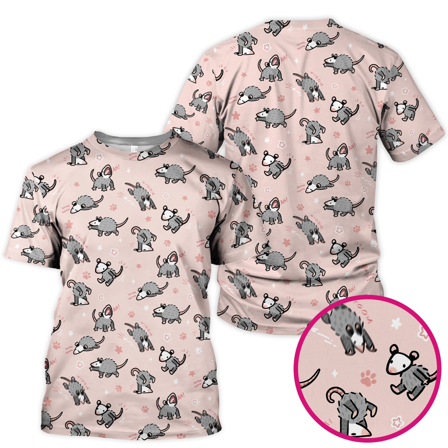 Playful Cartoon Opossum Character Pattern Scrub Top, Breathable Fabrics Nursing Uniform