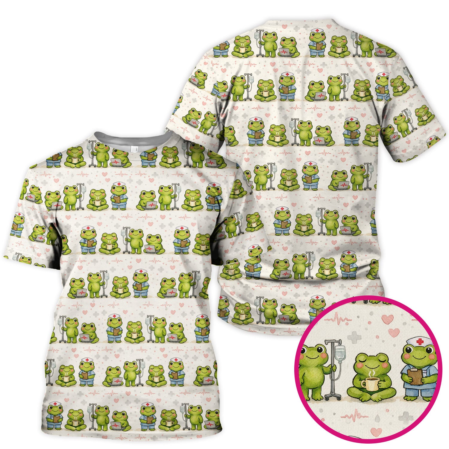Adorable Frog Nurse Various Poses Print Scrub Top, Comfortable Scrubs for Nurses