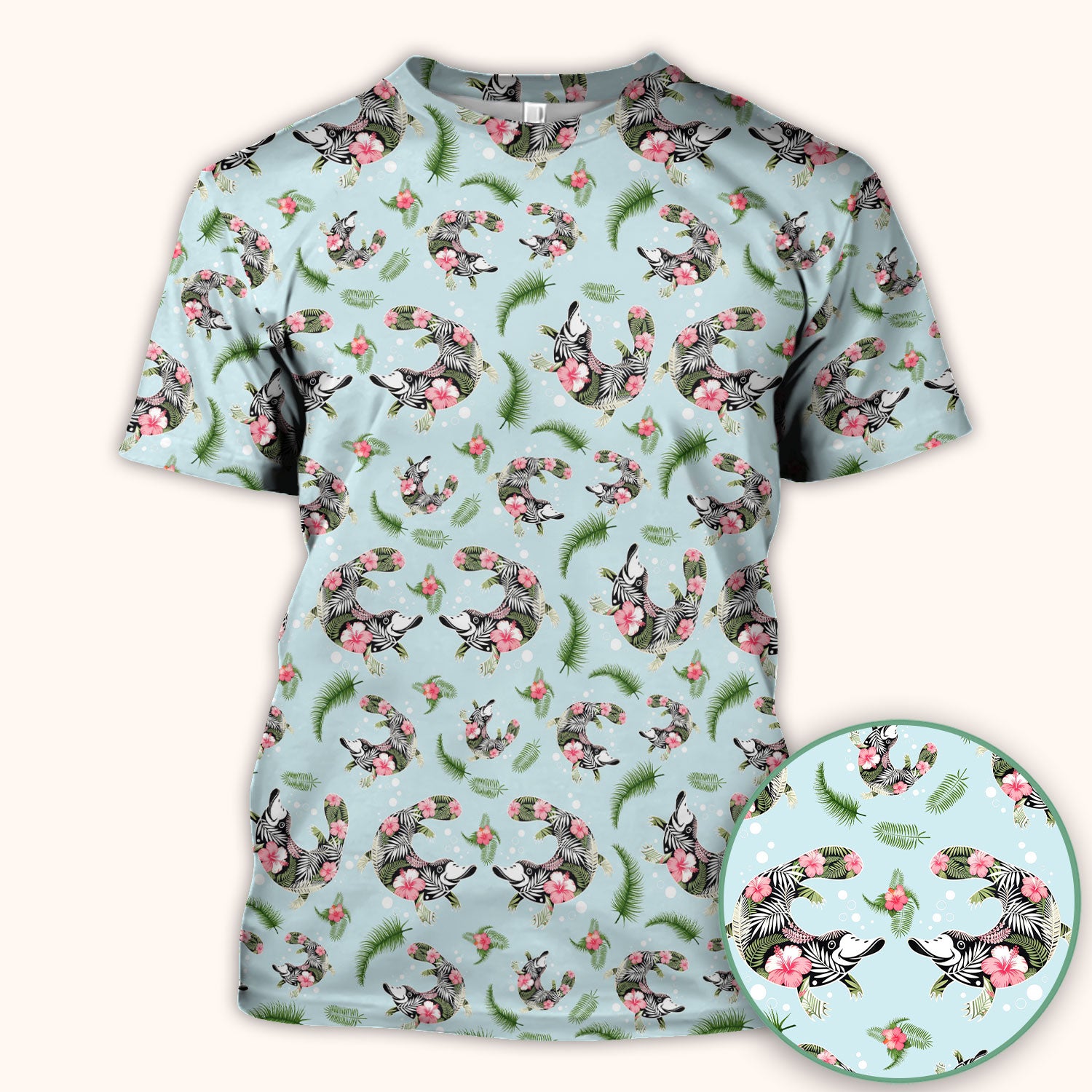 Cute Platypus Scrub Top, Tropical Floral Animal Pattern Nurse Shirt, Breathable Fabrics Nursing Uniform