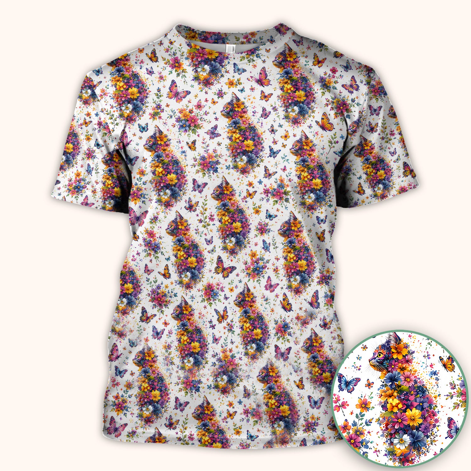 Cute Floral Cat With Butterfly Pattern Scrub Top, Comfortable Scrubs for Nurses