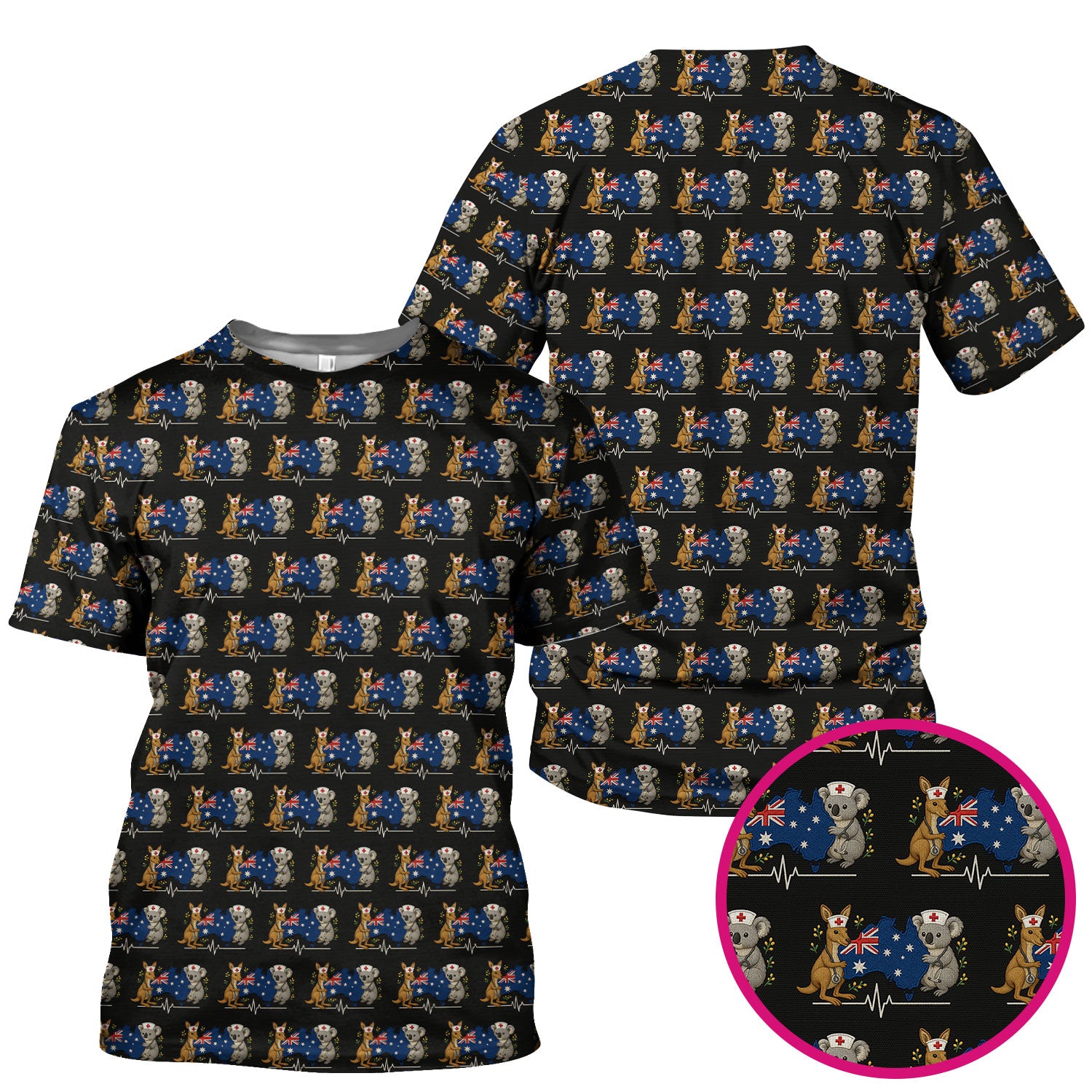 Australian Nurse Scrub Top, Cute Koala Kangaroo Heartbeat Pattern Shirt,  Breathable Fabrics Nursing Uniform