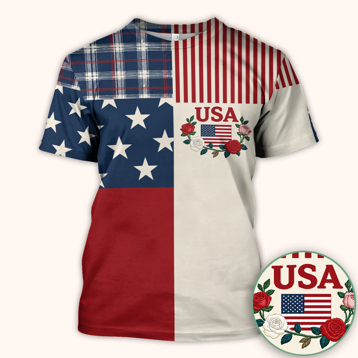 USA Flag Rose Patchwork Pattern Scrub Top, Comfortable Scrubs for Nurses