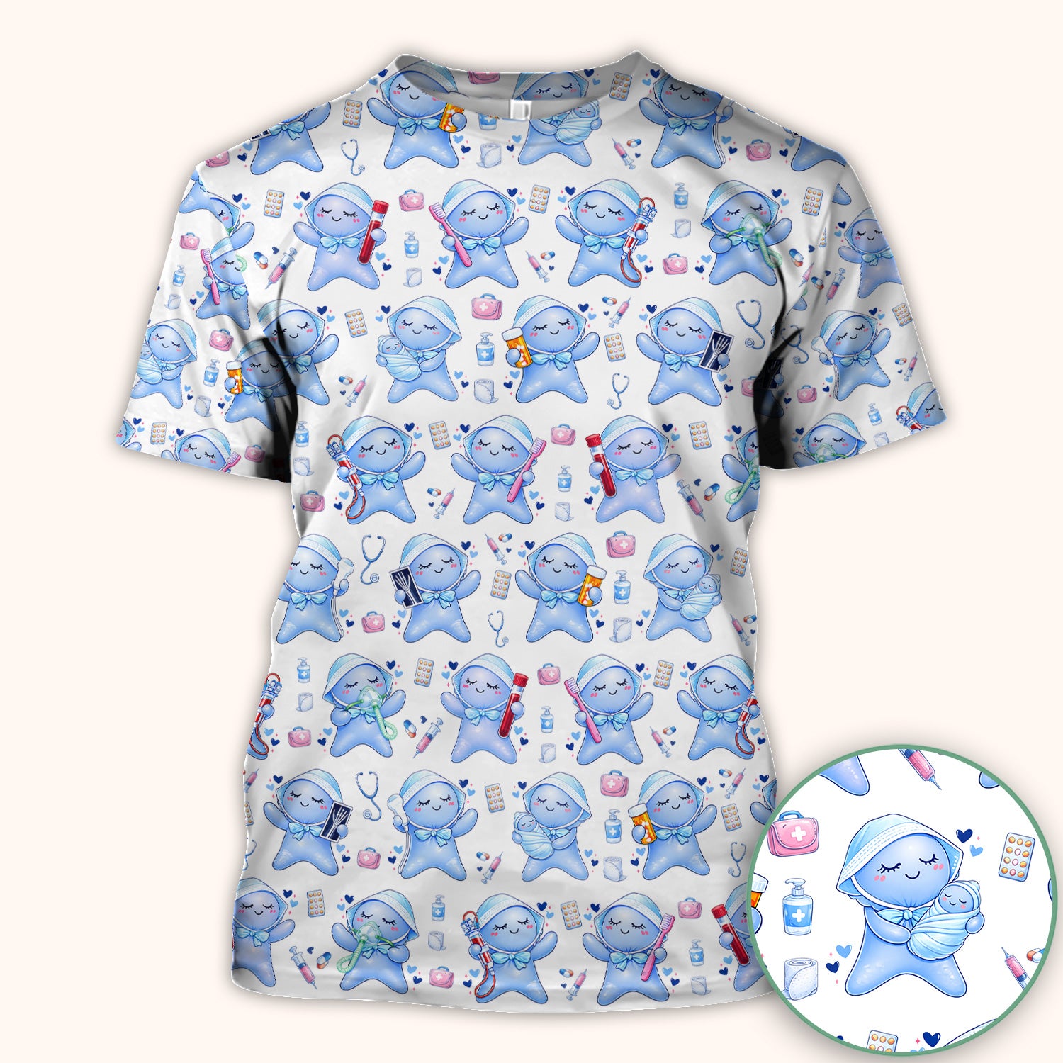 Cute Tooth Character Dental Tools Caring Pattern Scrub Top, Breathable Fabrics Nursing Uniform