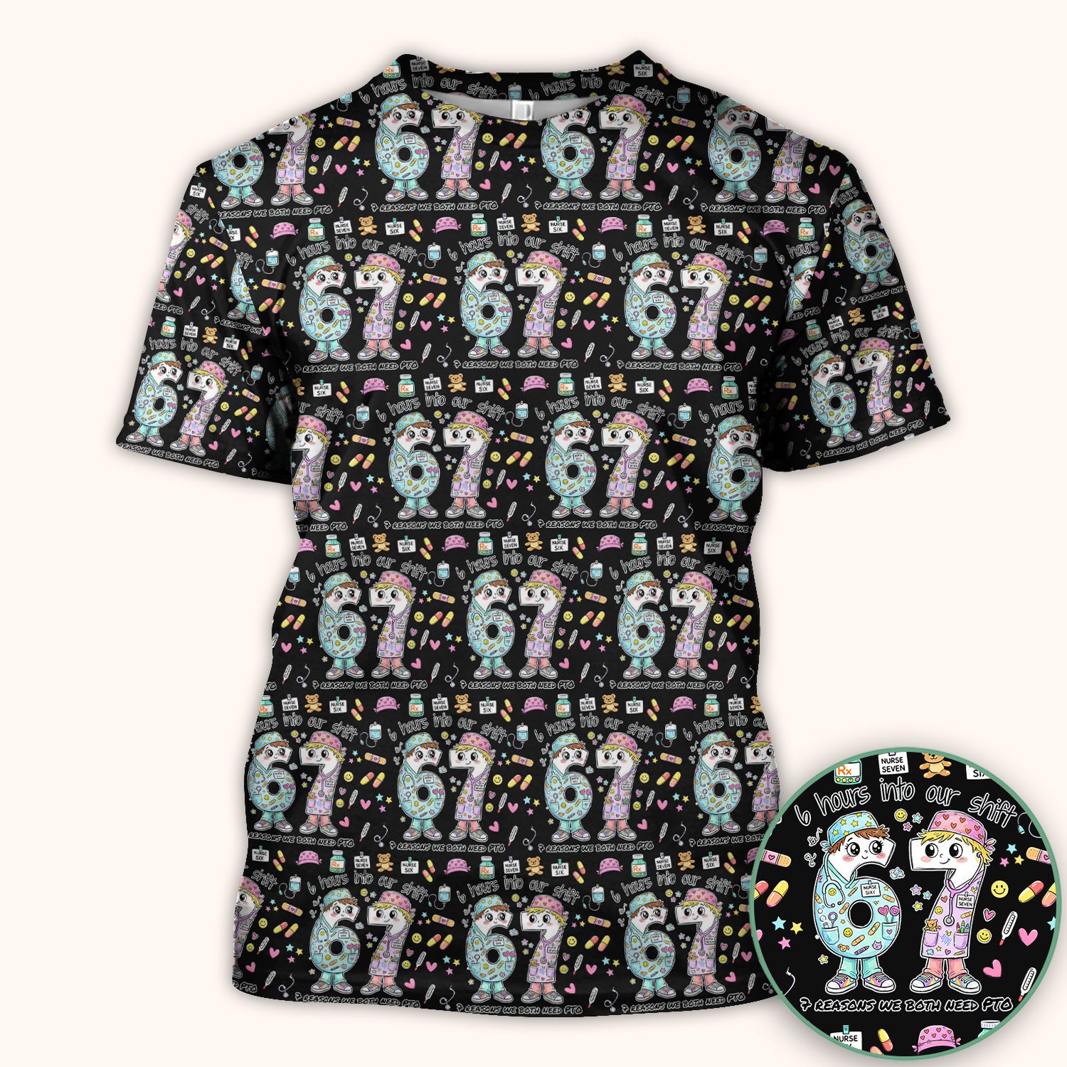 Cartoon Characters Six Hours Into Shift With Medical Doodle Scrub Top, Breathable Fabrics Nursing Uniform