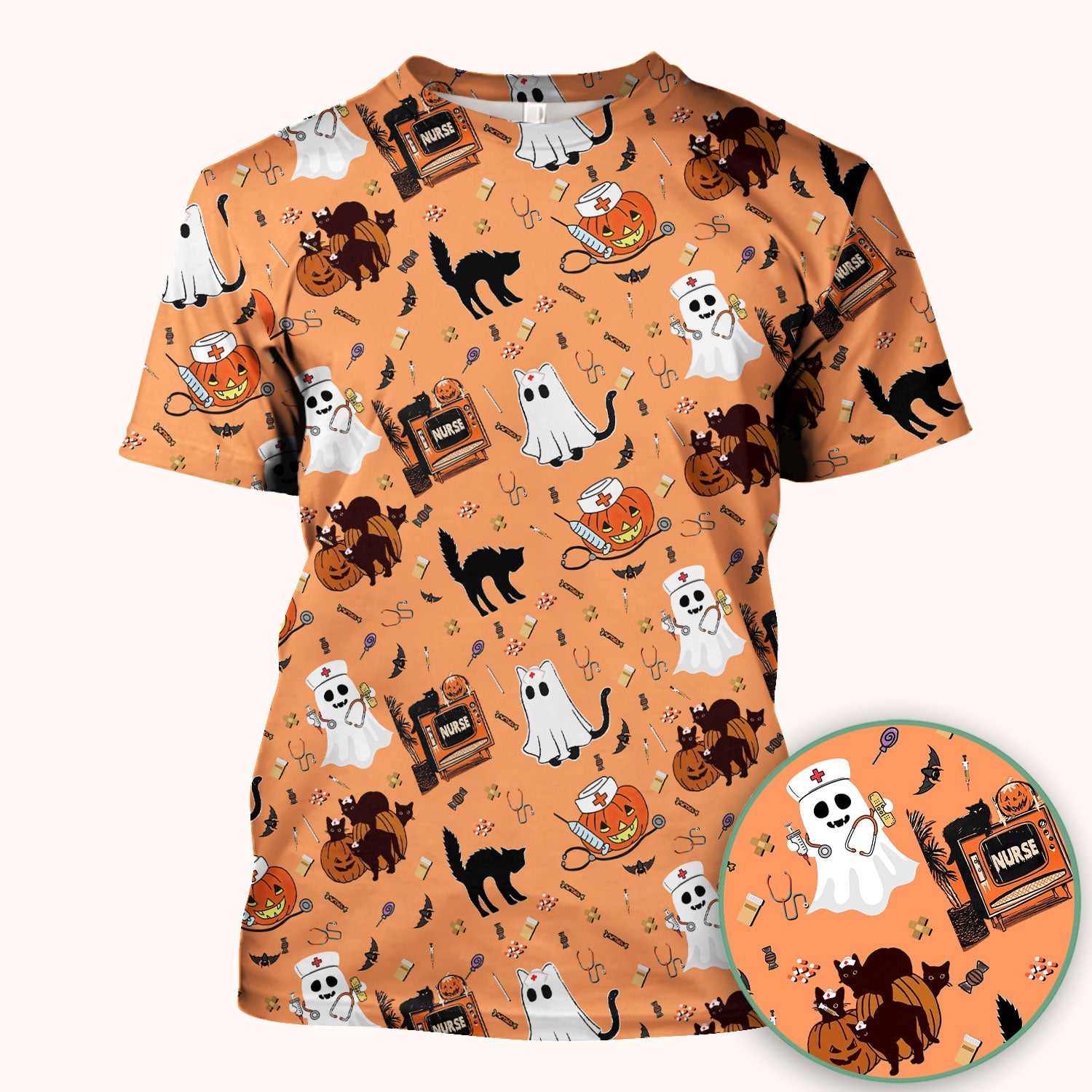 Halloween Scrub Top for Nurse - Cute Pumpkin Ghost Cat Medical Shirt - Spooky Scrubs for Women RN CNA LPN