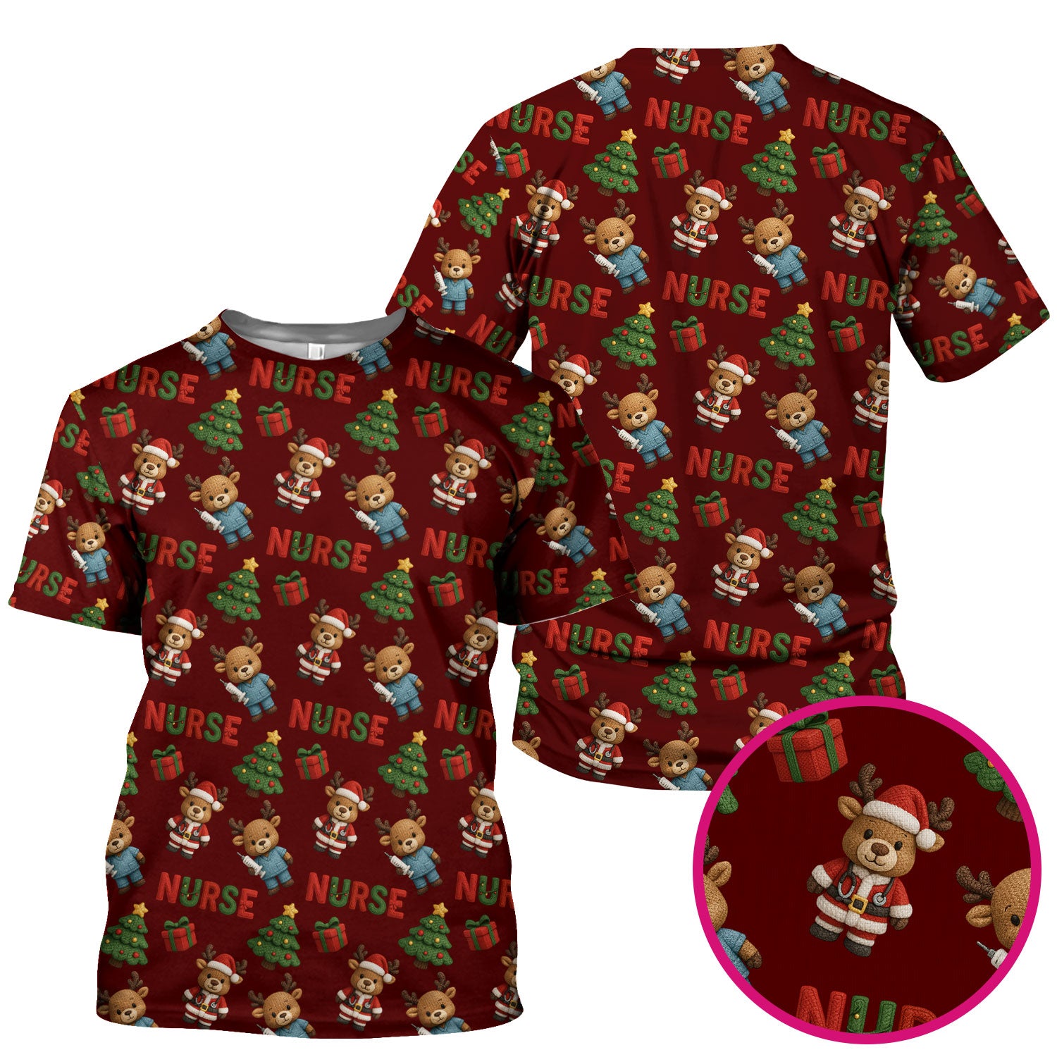 Reindeer Christmas Scrub Top, Cute Holiday Nurse Scrub Shirt, Festive Pattern Nursing Uniform