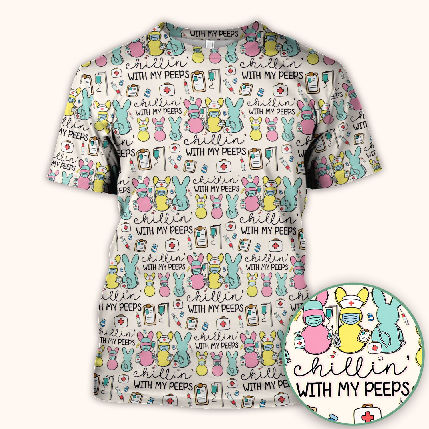 Cute Bunny Nurse Chillin With My Peeps Scrub Top, Comfortable Scrubs for Nurses, Easter