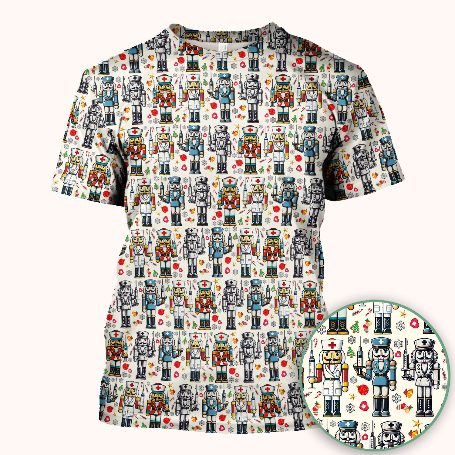 Funny Nutcracker Christmas Scrub Top – Cute Holiday Nurse Pattern Shirt – Festive Medical Uniform for RN, LPN, CNA, and Healthcare Workers
