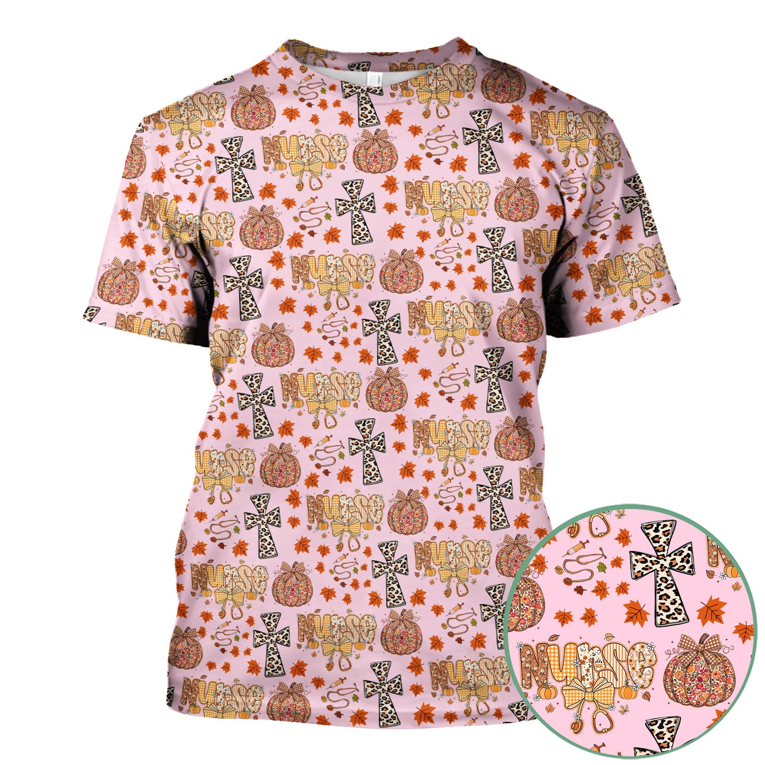 I Will Praise Him In Every Season - Boho Pumpkin Leopard Cross Fall Scrub Top for Nurse - Thanksgiving Med Uniform for Women