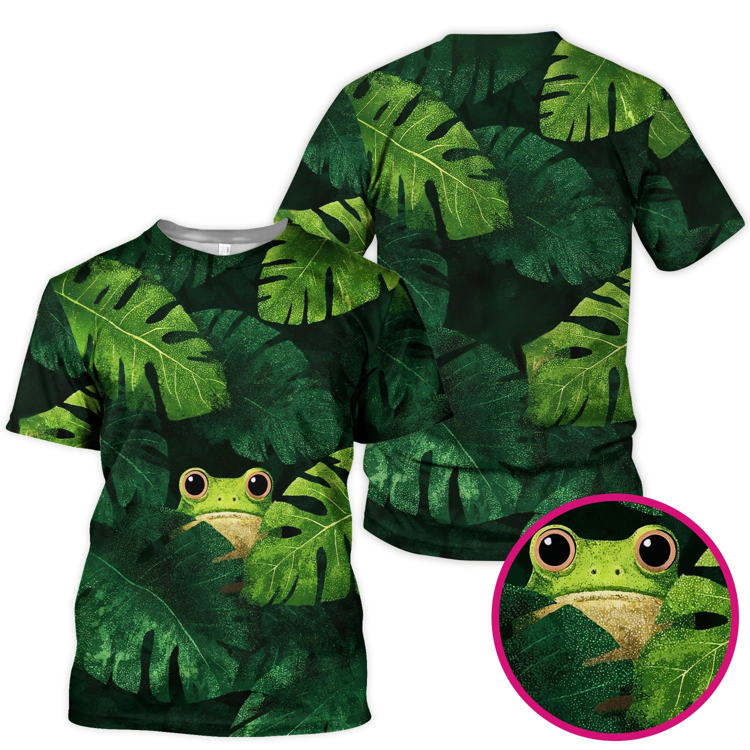 Cute Frog Hiding Jungle Leaves Pattern Nurse Scrub Top, Breathable Fabrics Nursing Uniform