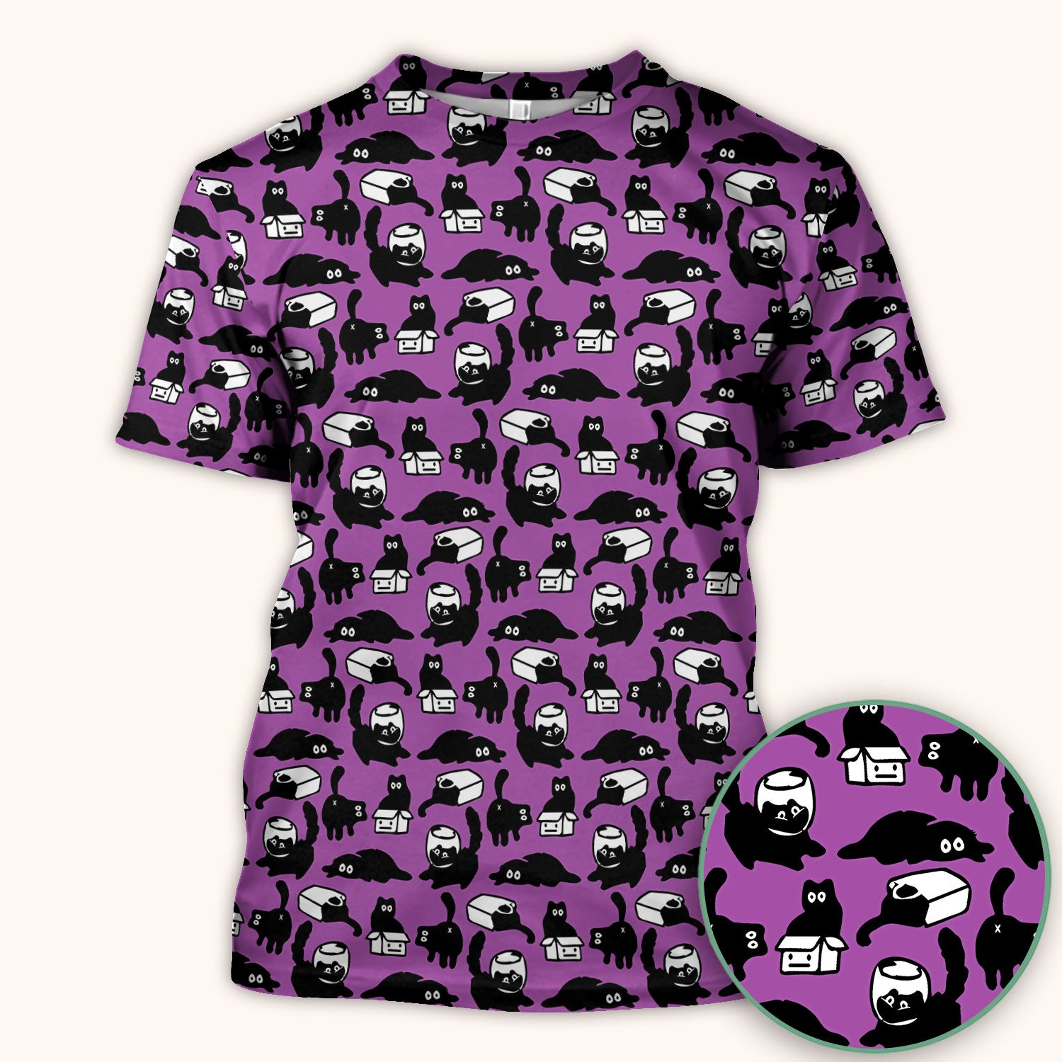 Dark Playful Cat Cartoon Pattern Scrub Top, Comfortable Scrubs for Nurses