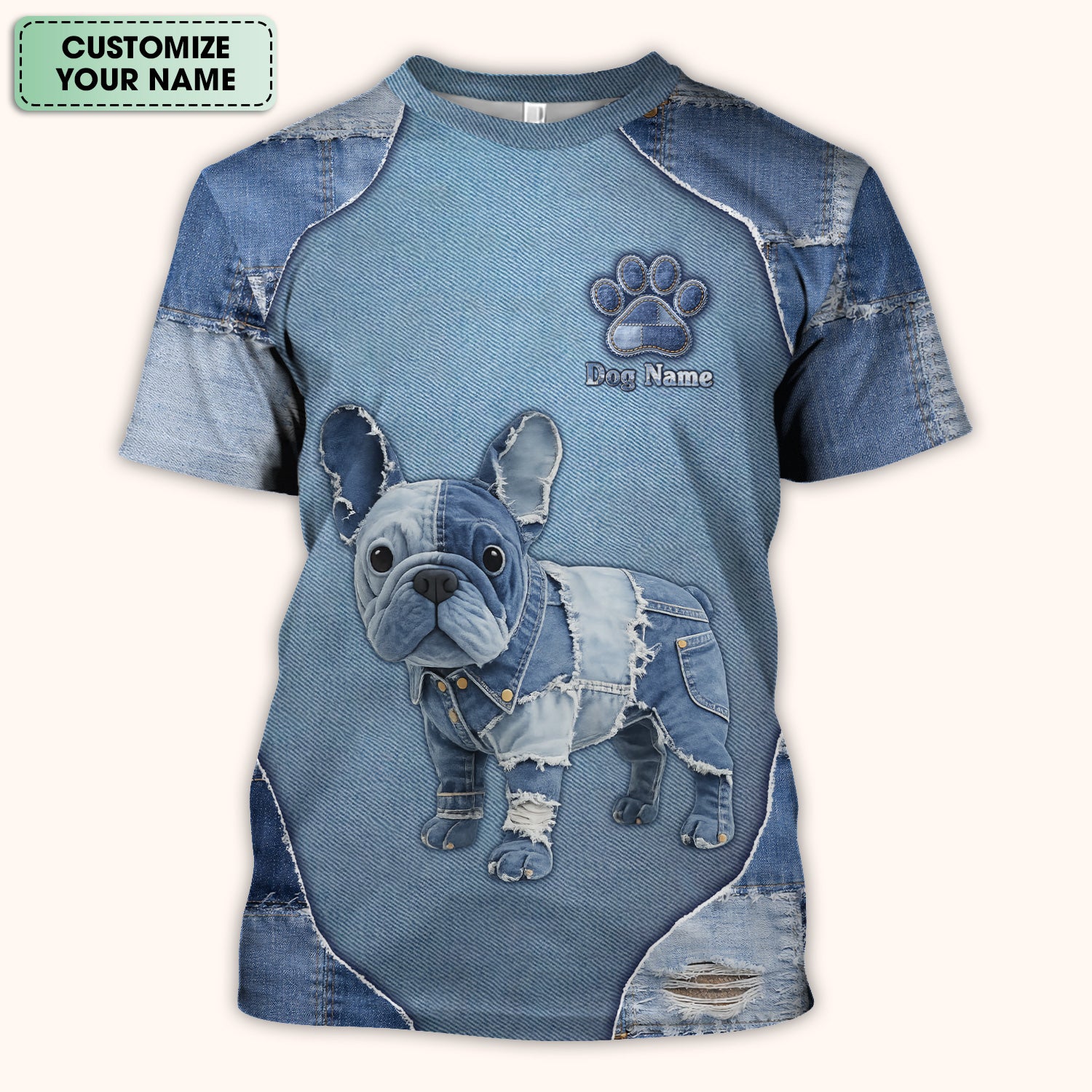 Custom Dog Name Denim French Bulldog Scrub Top, Breathable Fabrics Nursing Uniform