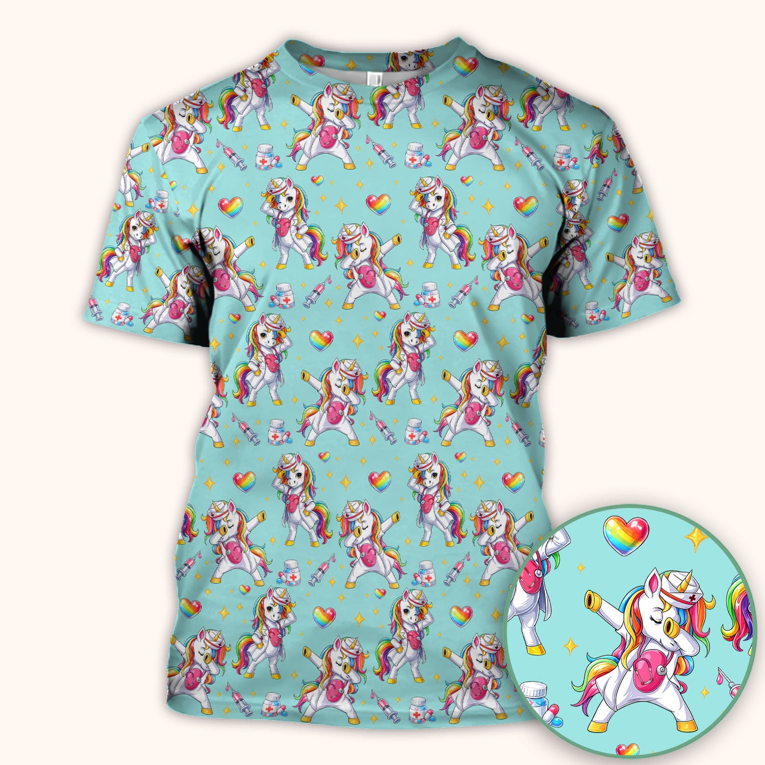 Playful Nurse Unicorn Rainbow Pattern Scrub Top, Comfortable Scrubs for Nurses