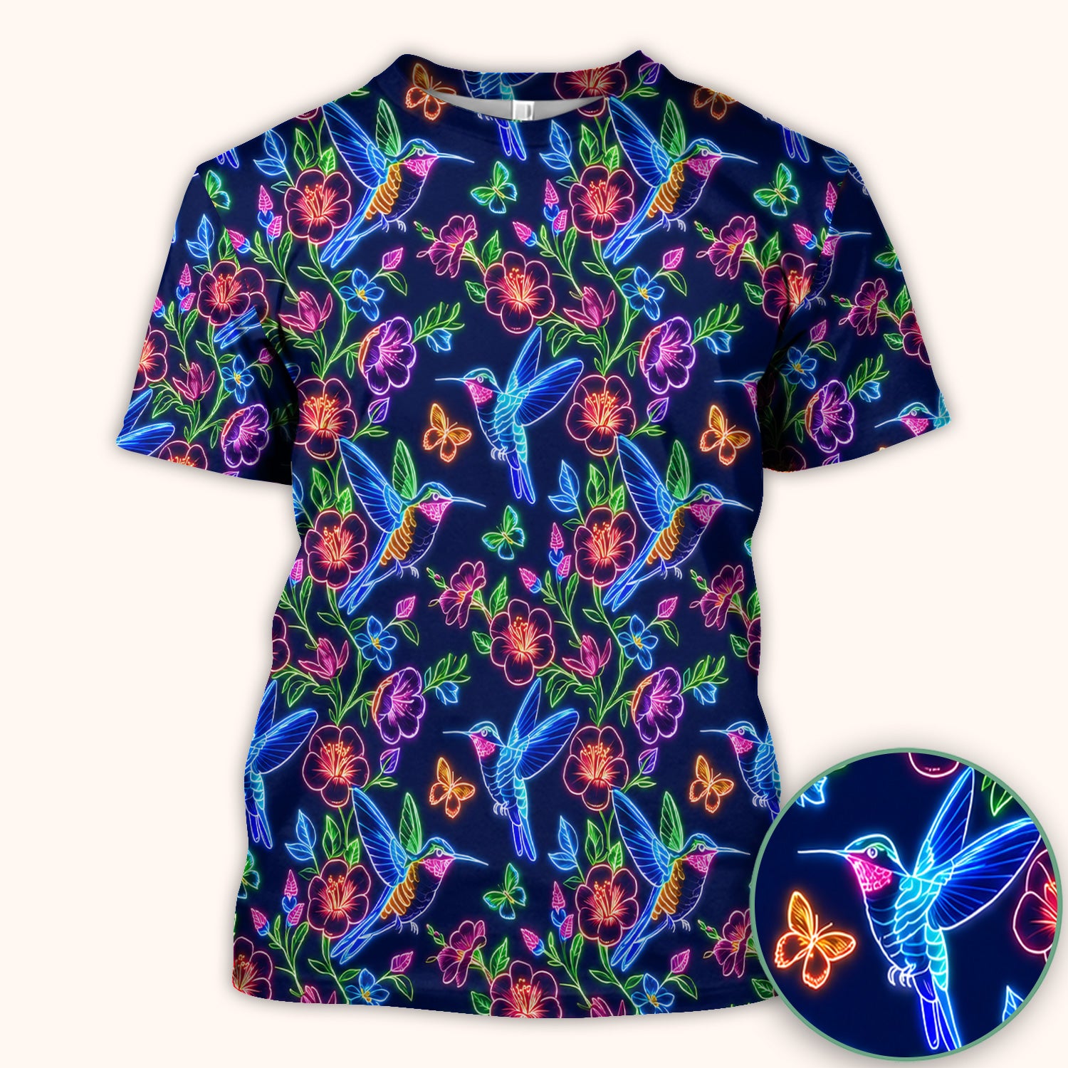 Neon Hummingbird Floral Garden Pattern Scrub Top, Comfortable Scrubs for Nurses