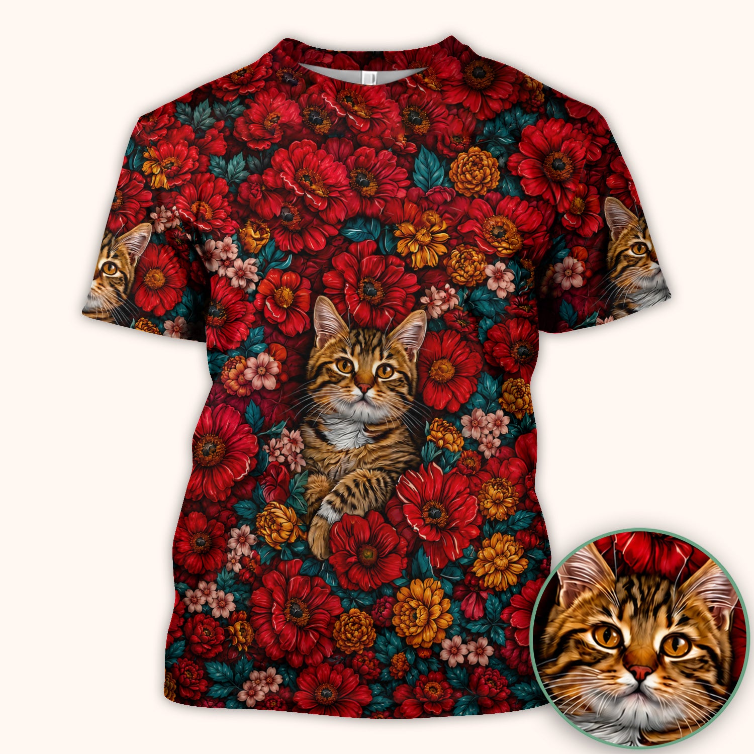 Adorable Tabby Cat Floral Garden Pattern Scrub Top, Comfortable Scrubs for Nurses