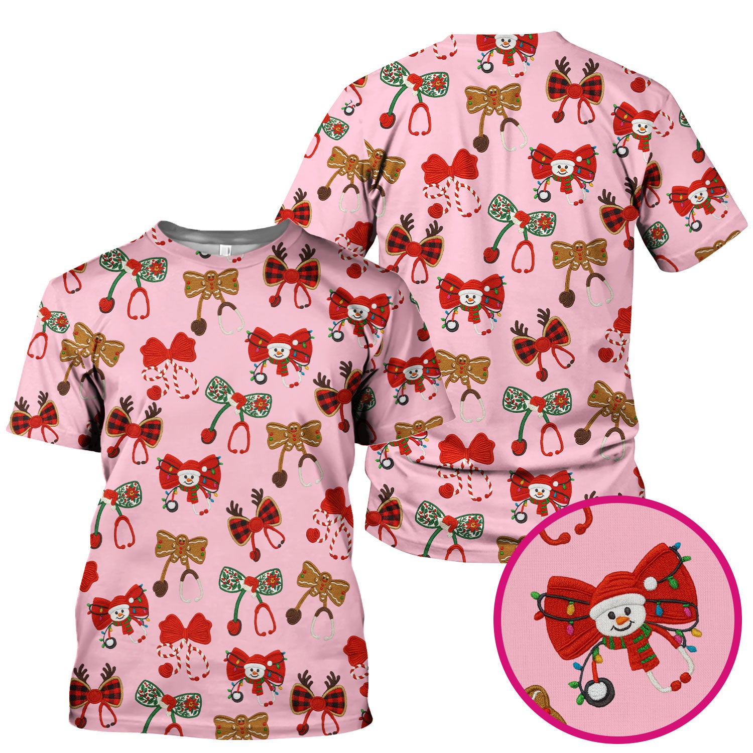 Christmas Stethoscope Bow Nurse Scrub Top, Xmas Pattern Scrub Shirt, Holiday Nursing Uniform