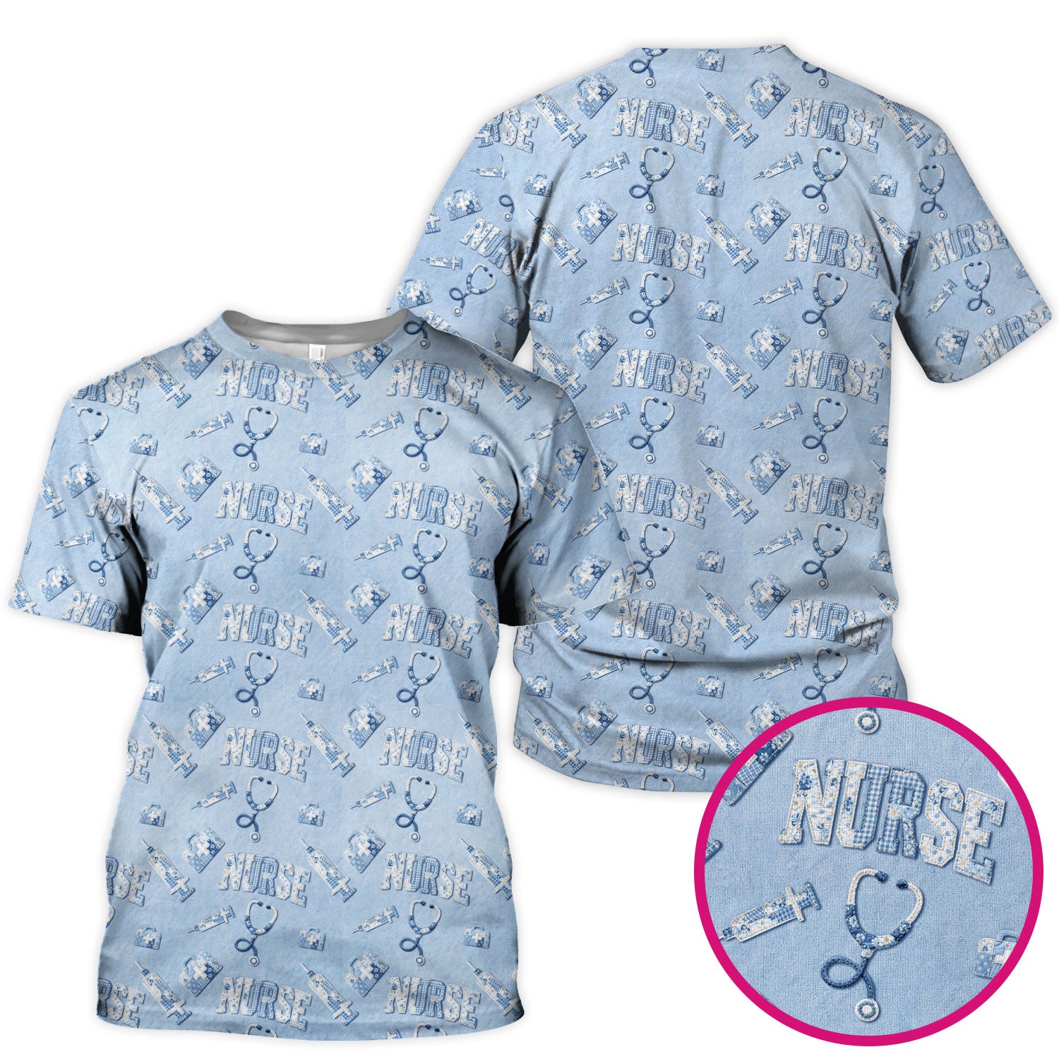 Blue Nurse Medical Pattern Scrub Top for Women, Breathable Nursing Uniform